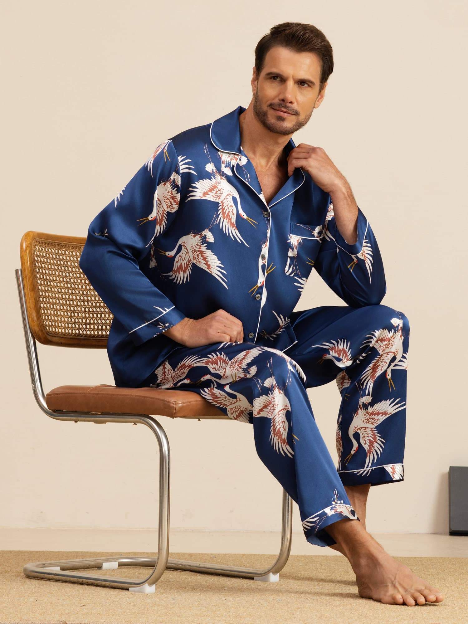 [Dark Blue] SilkSilky  Long Sleeve Lapel Collar Men's Pajamas 001