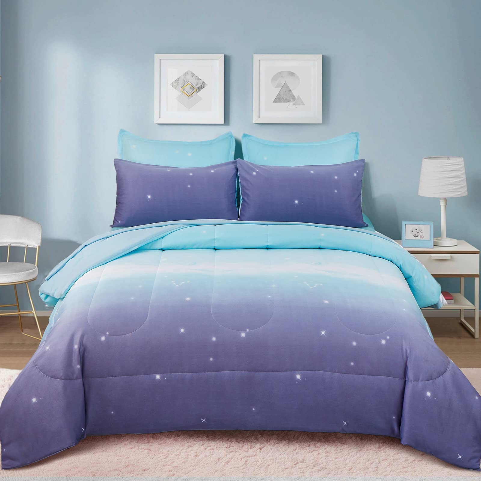 Girls Comforter Set Twin Size 6 Pieces Bed in A Bag Colorful Ombre Blue Purple Rainbow Bedding Set for Kids Teen (1 Comforter, 1