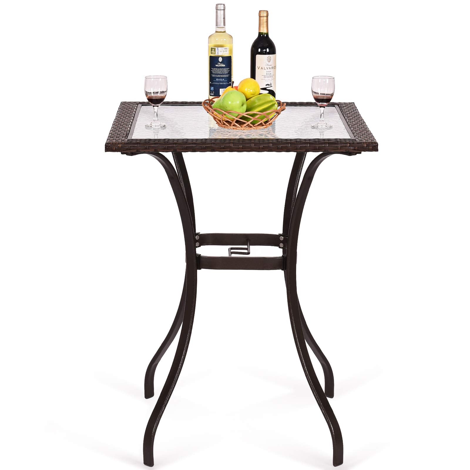 S Afstar 37”/ 94Cm Height Bistro Table Outdoor Bar Table, Square Patio Table With Umbrella Hole, Tempered Glass Top & Wicker Covered Edge, Outdoor Counter Height Table For Garden Patio Poolside Deck