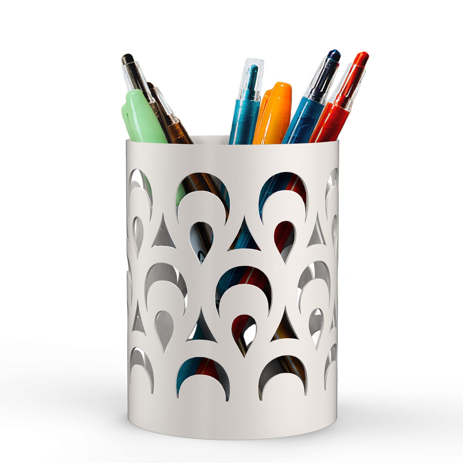 Mango Steam Metal Pen Holder, Makeup Brush Cup Organizer For Office, Bathroom, Vanity (White, Peacock)