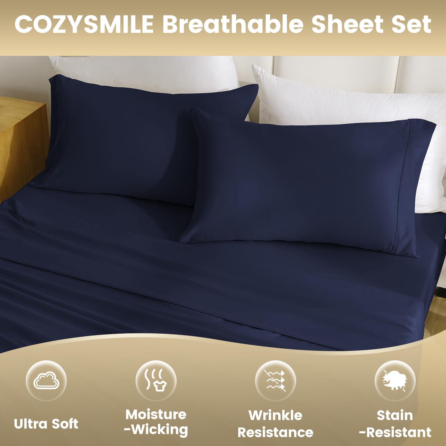 Cozysmile California King Sheet Set Deep Pocket - 4 Piece Silky Soft Breathable Bed Sheet & Pillowcase Set, Hotel Luxury Wrinkle