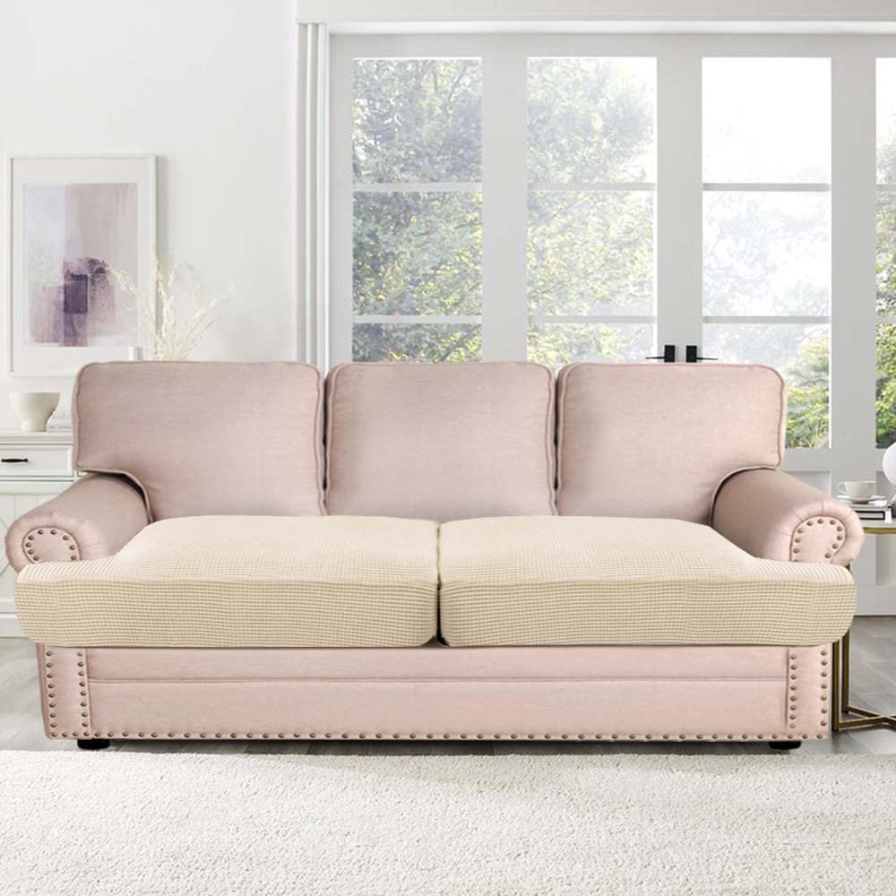 H.Versailtex Stretch 2 Piece T Cushion Sofa Slipcovers Individually Sofa Cushion Covers For 2 Cushion Couch Sofa Seat Cushion Covers With Elastic Bands Featuring Thicker Jacquard Fabric, Natural