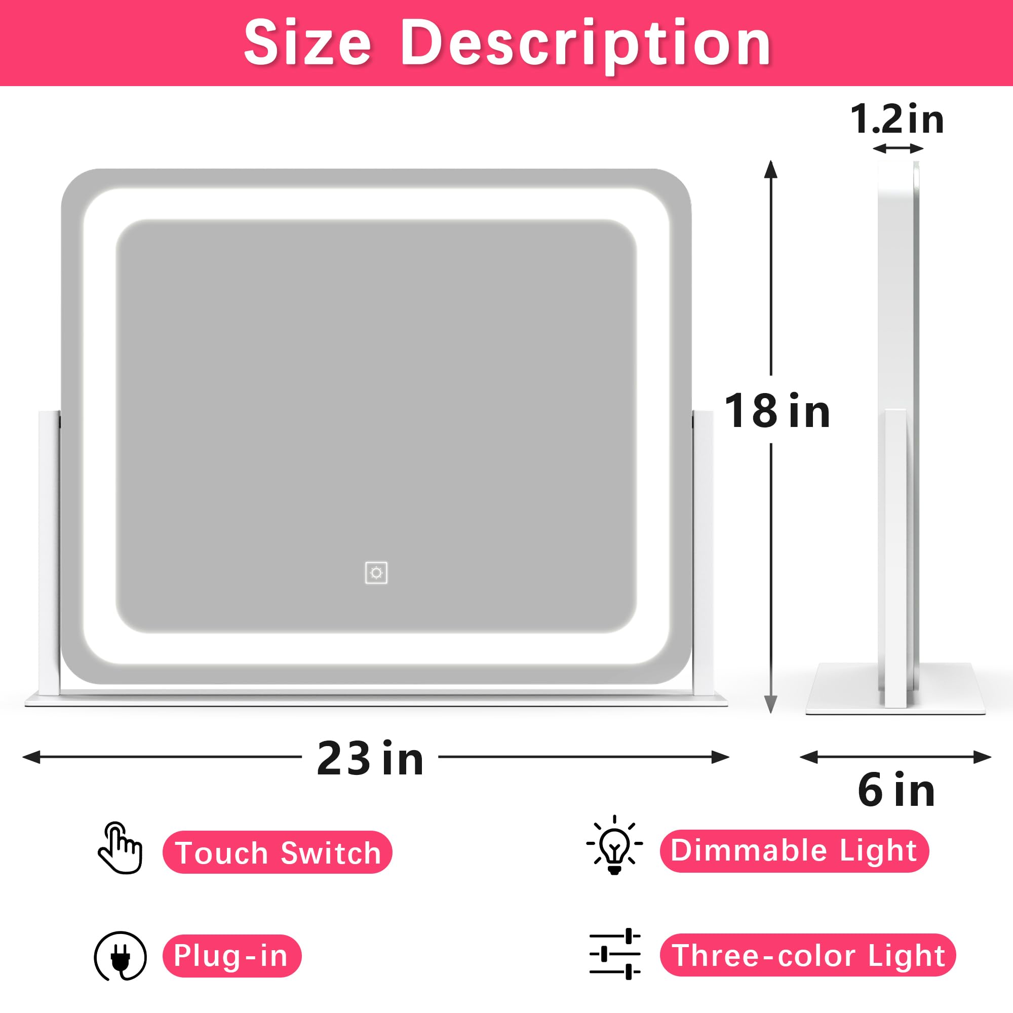 ROLOVE Large Vanity Mirror with Lights, 22"x17" Dimmable LED Makeup Mirror, Smart Touch Control, 360° Rotation, White Aluminum Alloy Frame