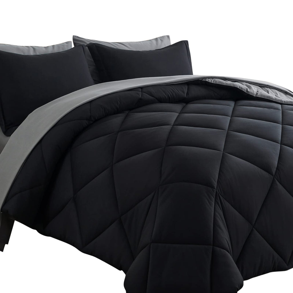 Cosybay Bed In A Bag Full Reversible Comforter Sets 7Pcs All Season Down Alternative Bedding Sets Black And Grey With Comforter,