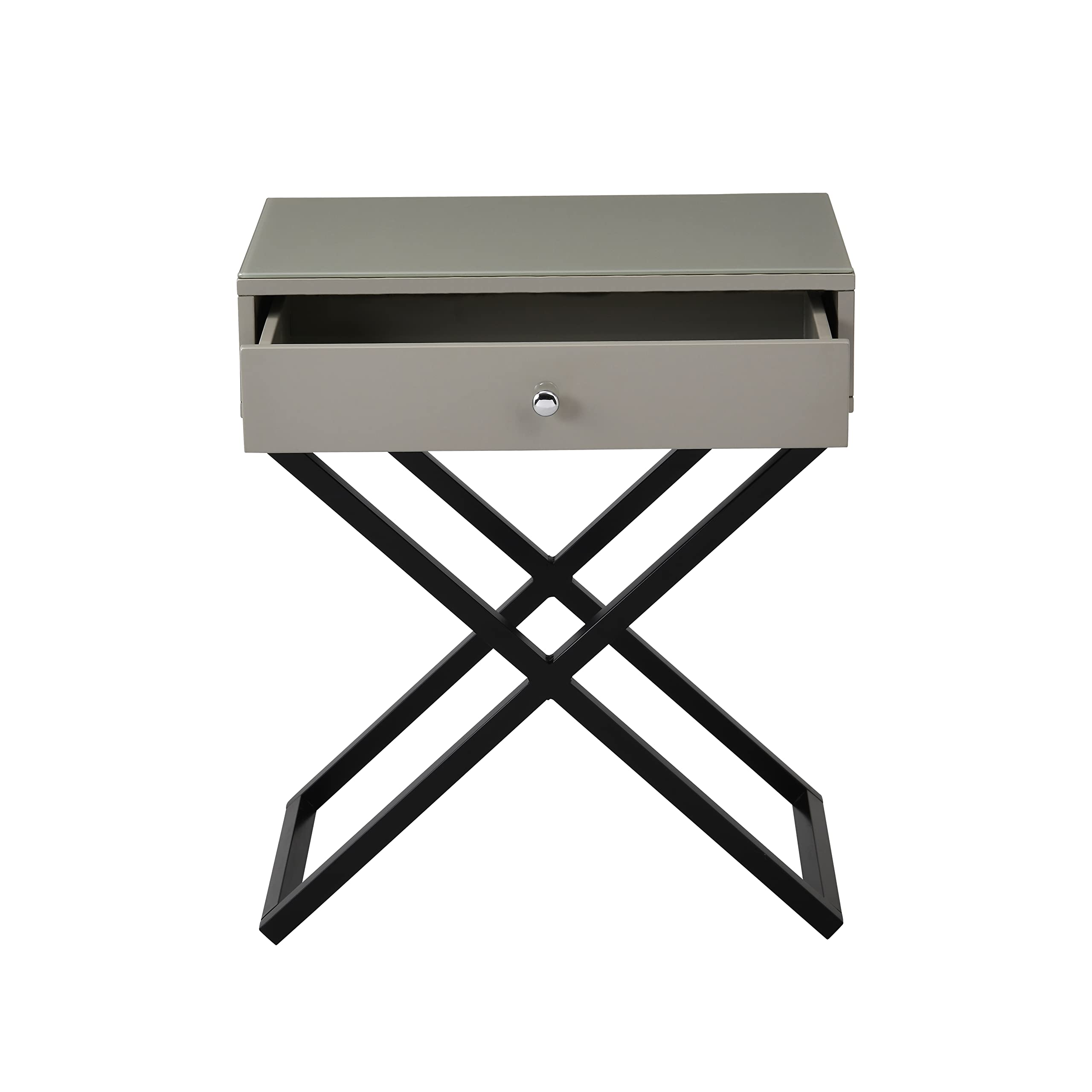 Lilola Home Koda Taupe Wooden End Side Table Nightstand with Glass Top, Drawer and Metal Cross Base