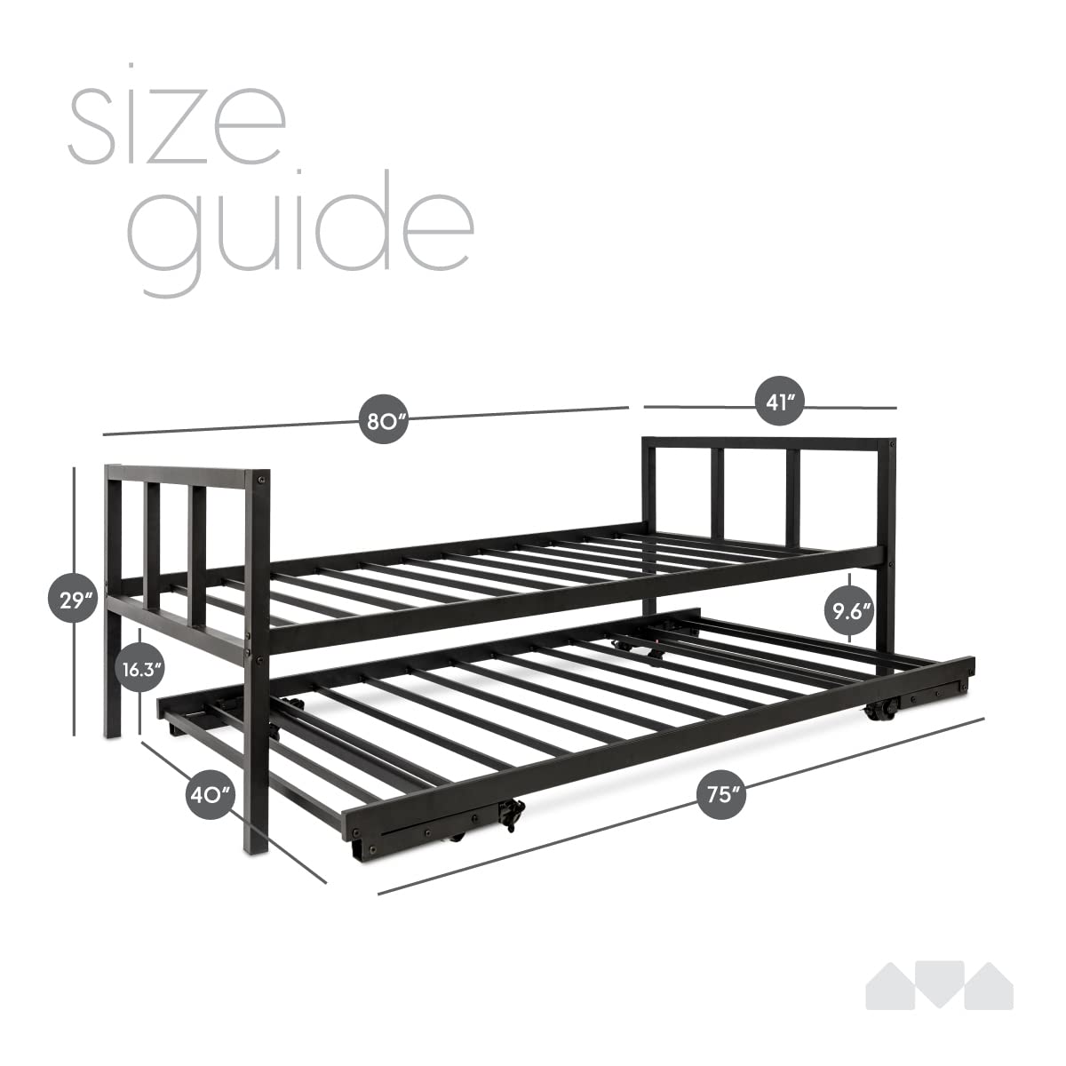 Milliard Twin Daybed with Pop Up Trundle, Black Metal Frame, Mattresses Sold Separately, Model MIL-TRNDL