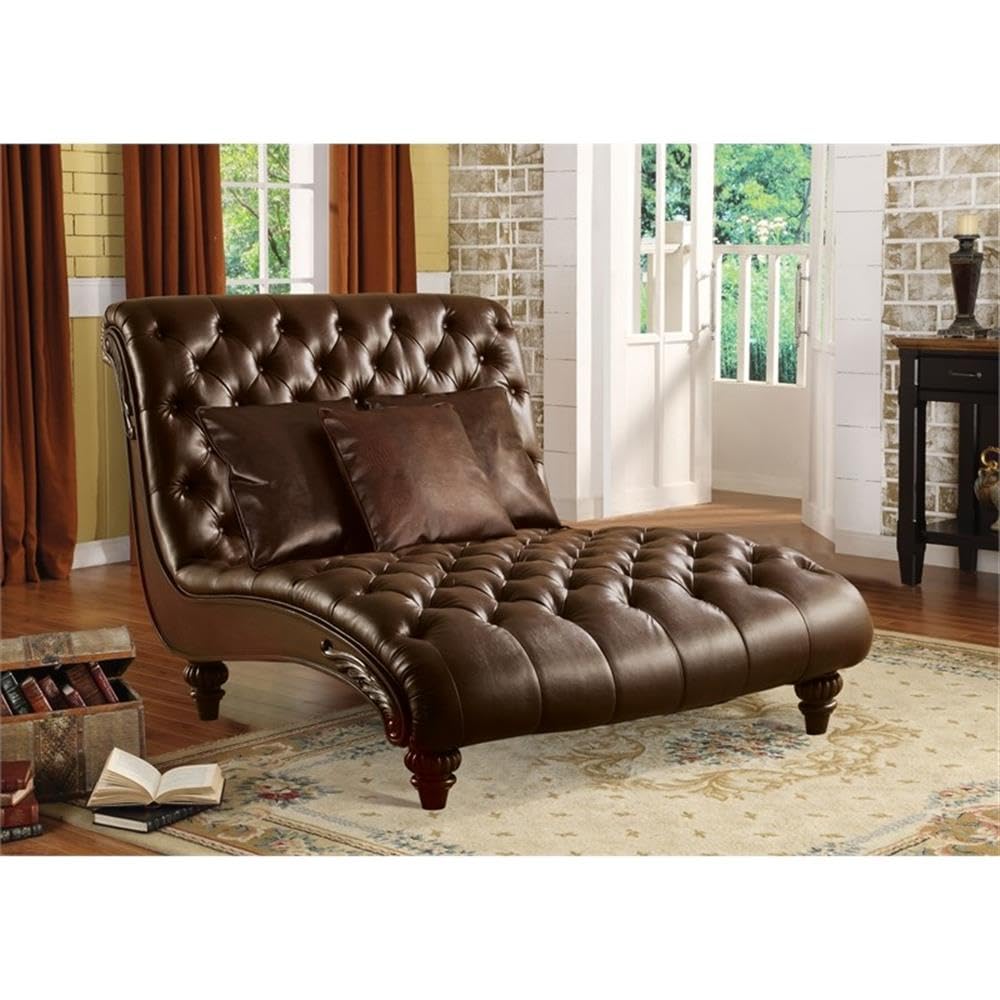 Acme Tufted Upholstered Faux Leather Chaise with 3 Pillows, 2-tone Brown, Model AC-15035