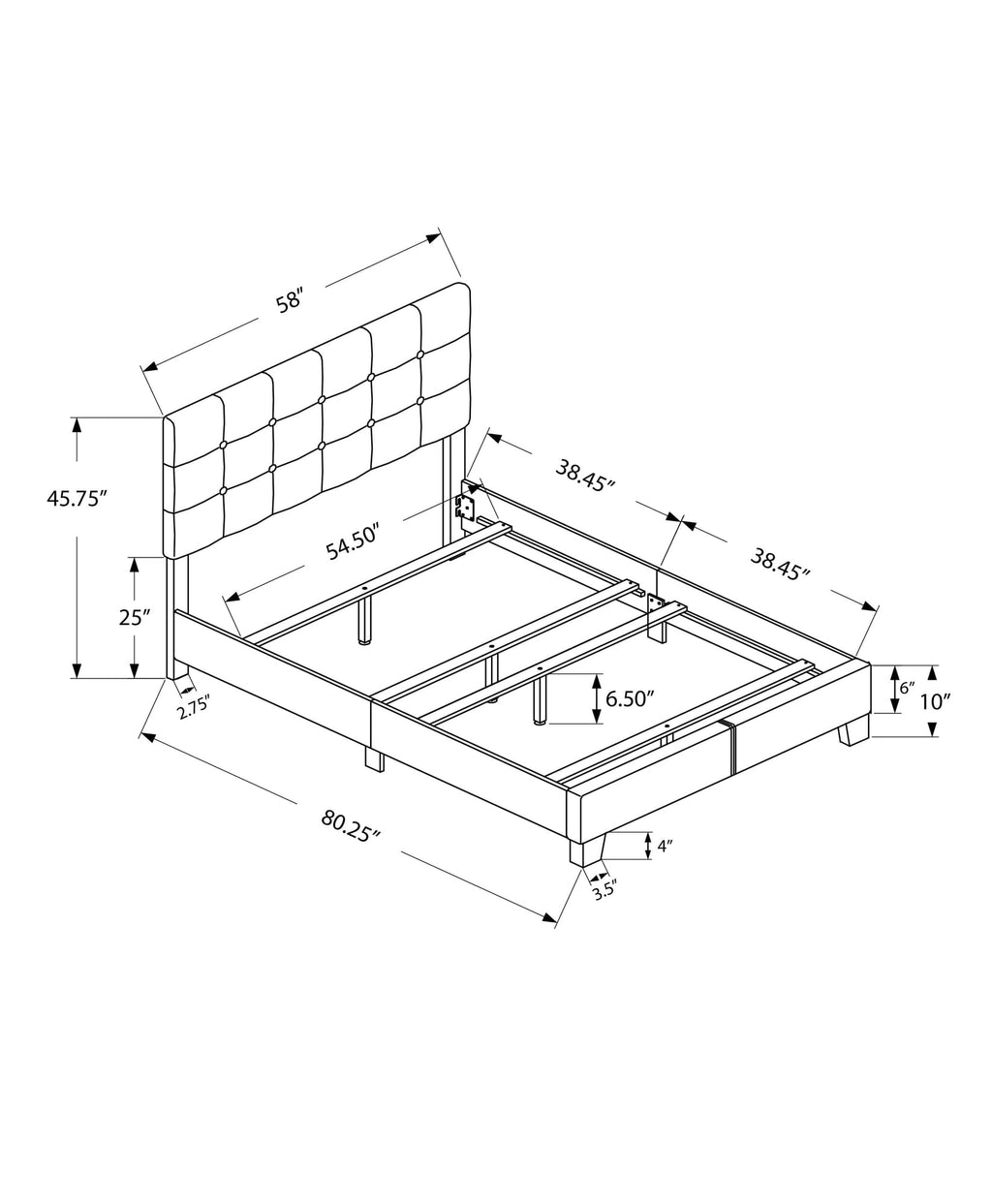 Monarch Specialties I 5801F Bed, Full Size, Bedroom, Upholstered, Frame Only, Transitional
