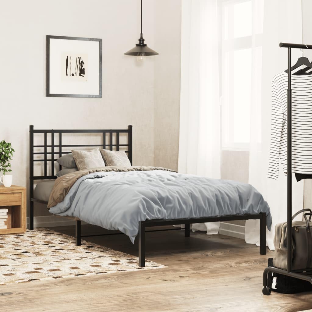 vidaXL Single Metal Bed Frame with Headboard - Black Steel Construction, 39.4x78.7, Under-Bed Storage, Modern Bedroom Furniture