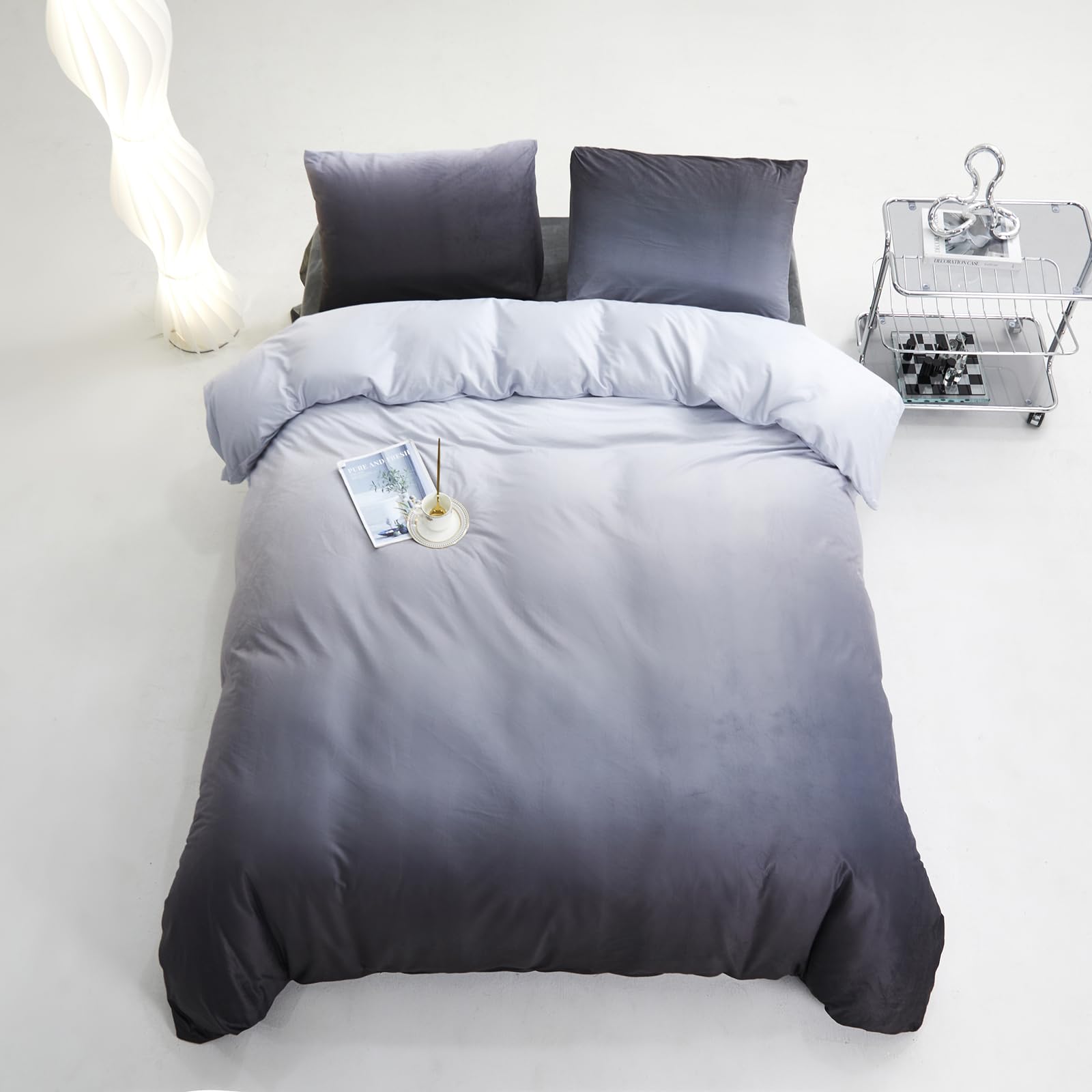 Karever Gray White Gradient Comforter Set Queen Gray Velvet Bedding Comforter Modern Plain White And Deep Gray Gradient Soft Qui