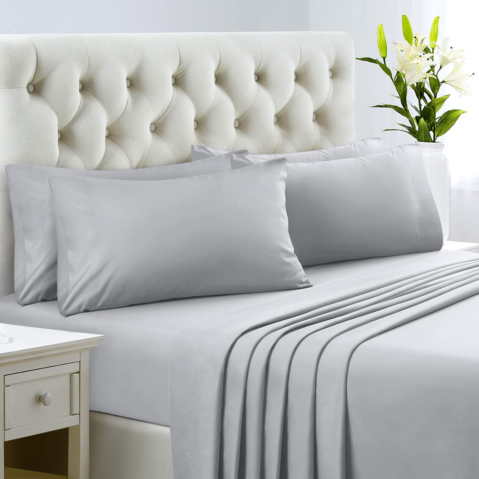 Homeideas King Size Bed Sheets - 6 Piece Set (Light Grey) - Extra Soft Brushed Microfiber 1800 Bedding Sheets, Deep Pocket, Wrinkle & Fade Free