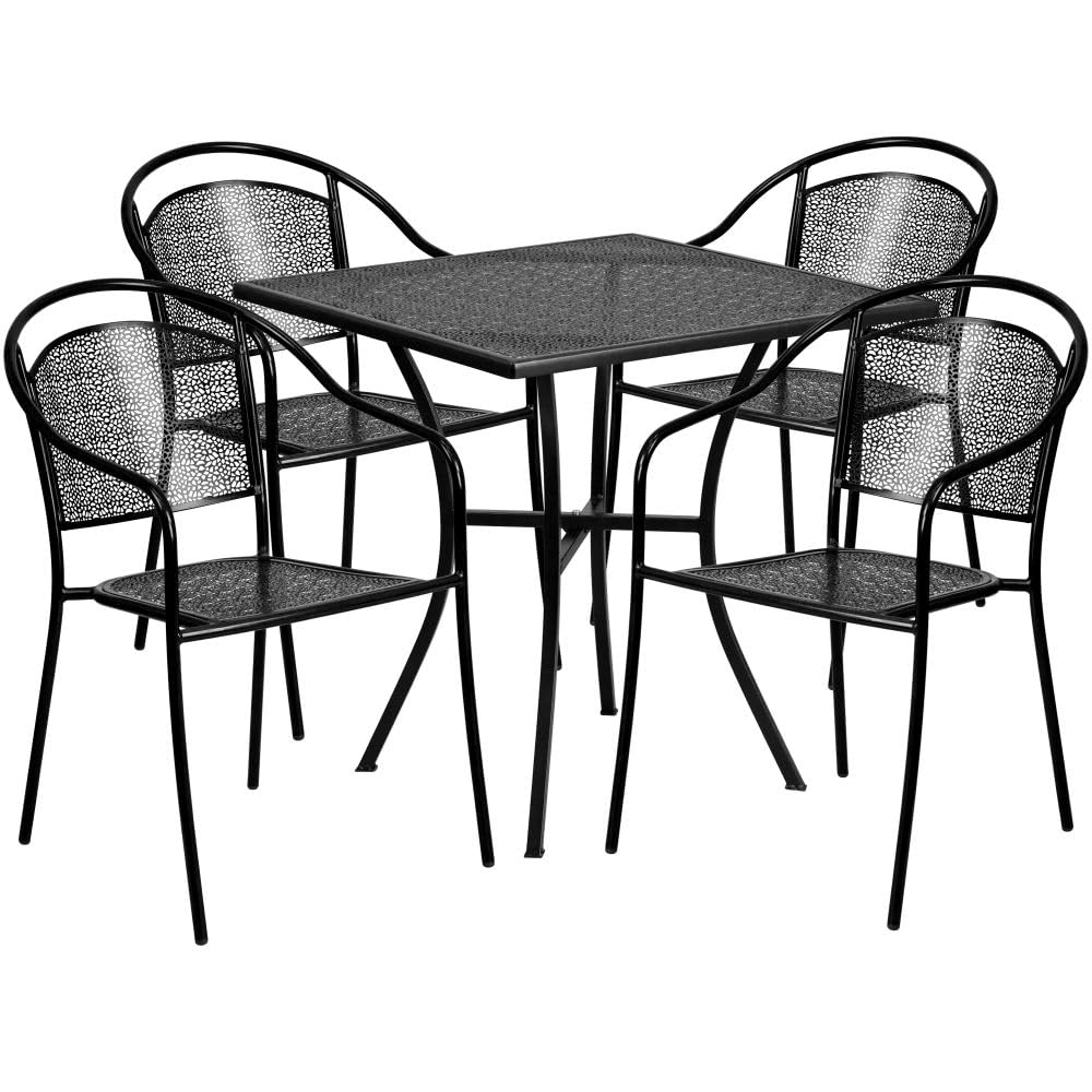 Flash Furniture Oia Commercial Grade 28 Square Black Indoor-Outdoor Steel Patio Table Set with 4 Round Back Chairs
