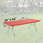 Kwik-Covers Rectangular Plastic Table Covers 8' Bundle Of 5 With Seventy (70) Ohm Commerce Paper Napkins - Indoor Or Outdoor Fitted Table Covers (Table Not Included) (30'X 96' Red)