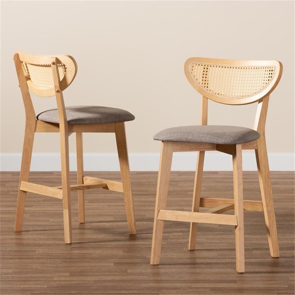 Baxton Studio Dannell Mid-Century Modern Grey Fabric and Natural Oak Finished Wood 2-Piece Counter Stool Set