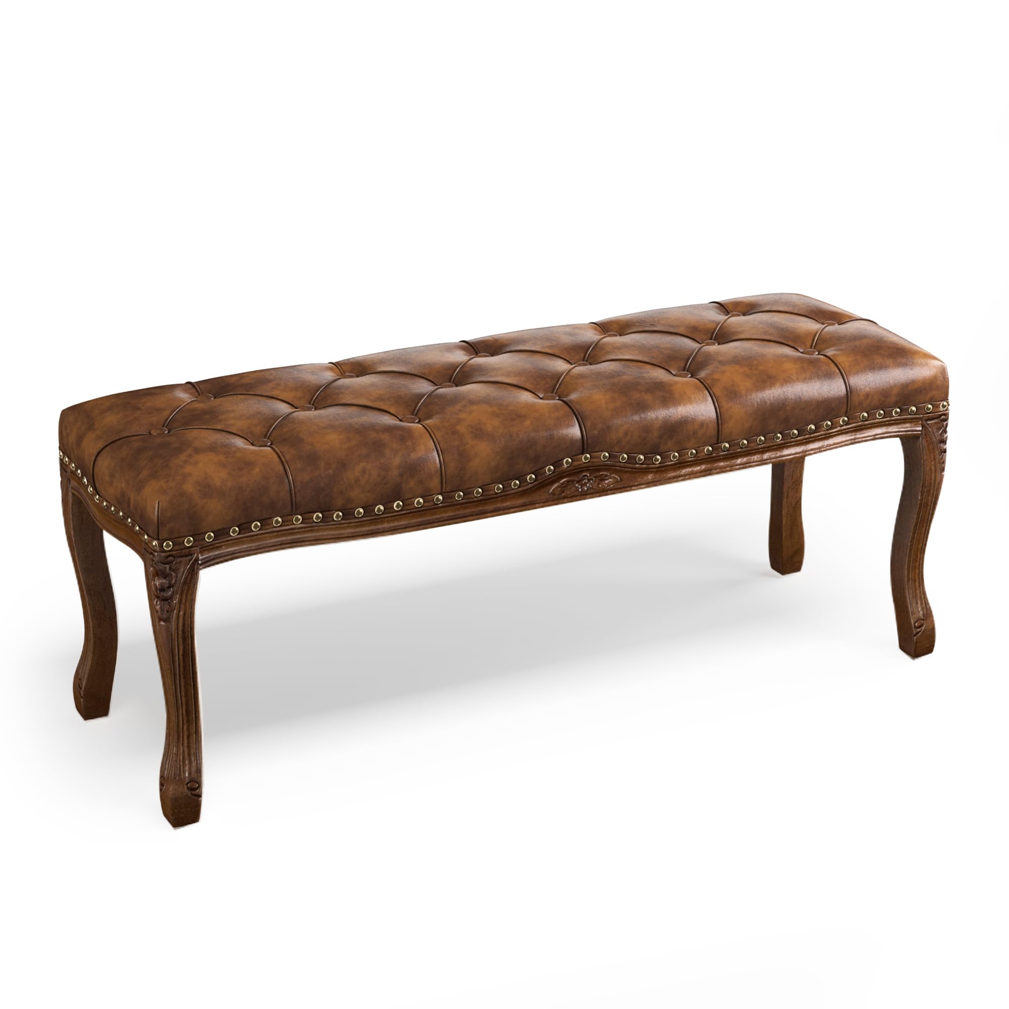 Cozyman Bedroom Bench, French Vintage Tufted Leather Bench, 45.2'' Carving Upholstered End Of Bed Bench With Distressed Wood Leg