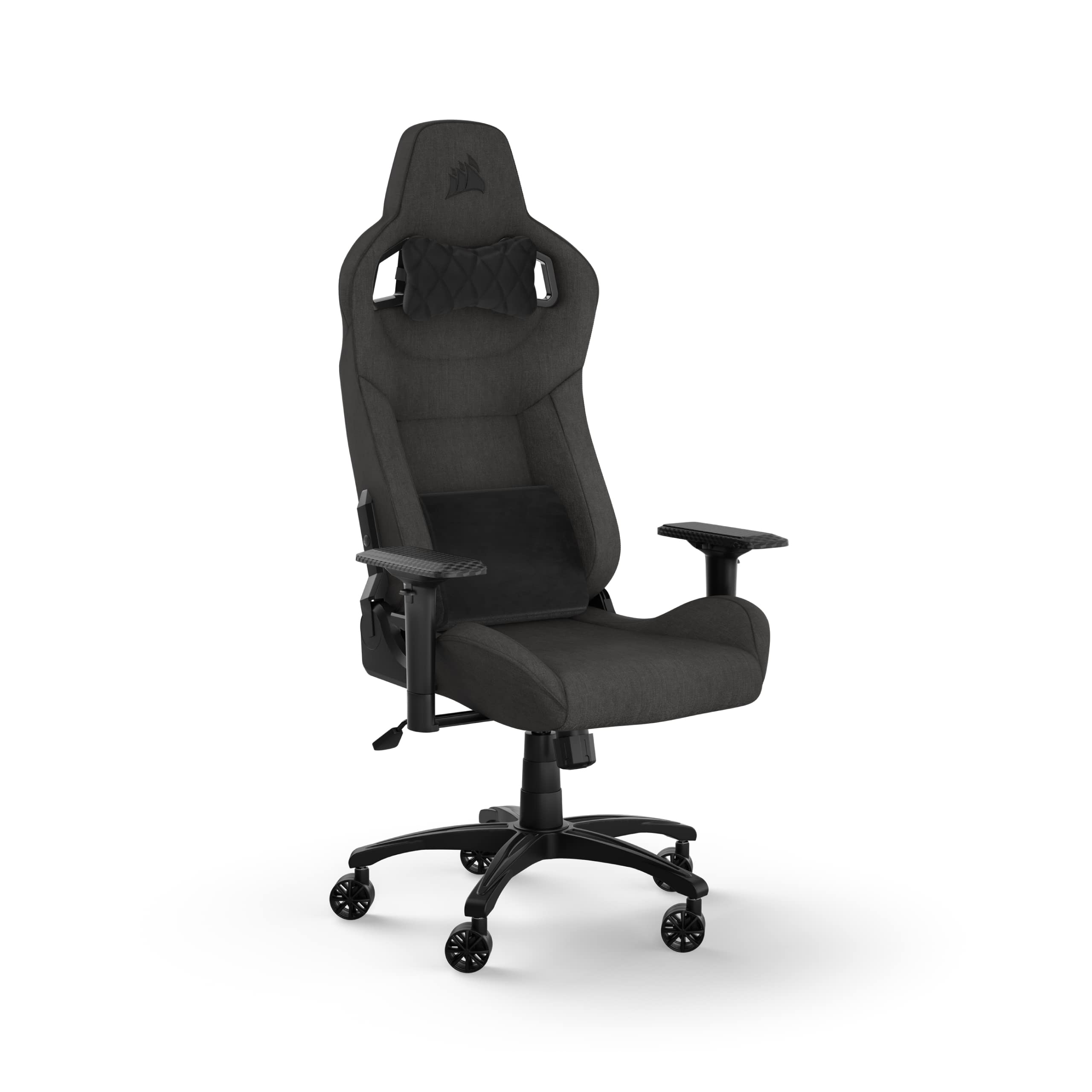 Corsair T3 Rush Fabric Gaming Chair (2023) – Racing-Inspired Design – Soft Fabric Exterior – Padded Neck Cushion – Memory Foam Lumbar Support – Adjustable Seat Height – Charcoal