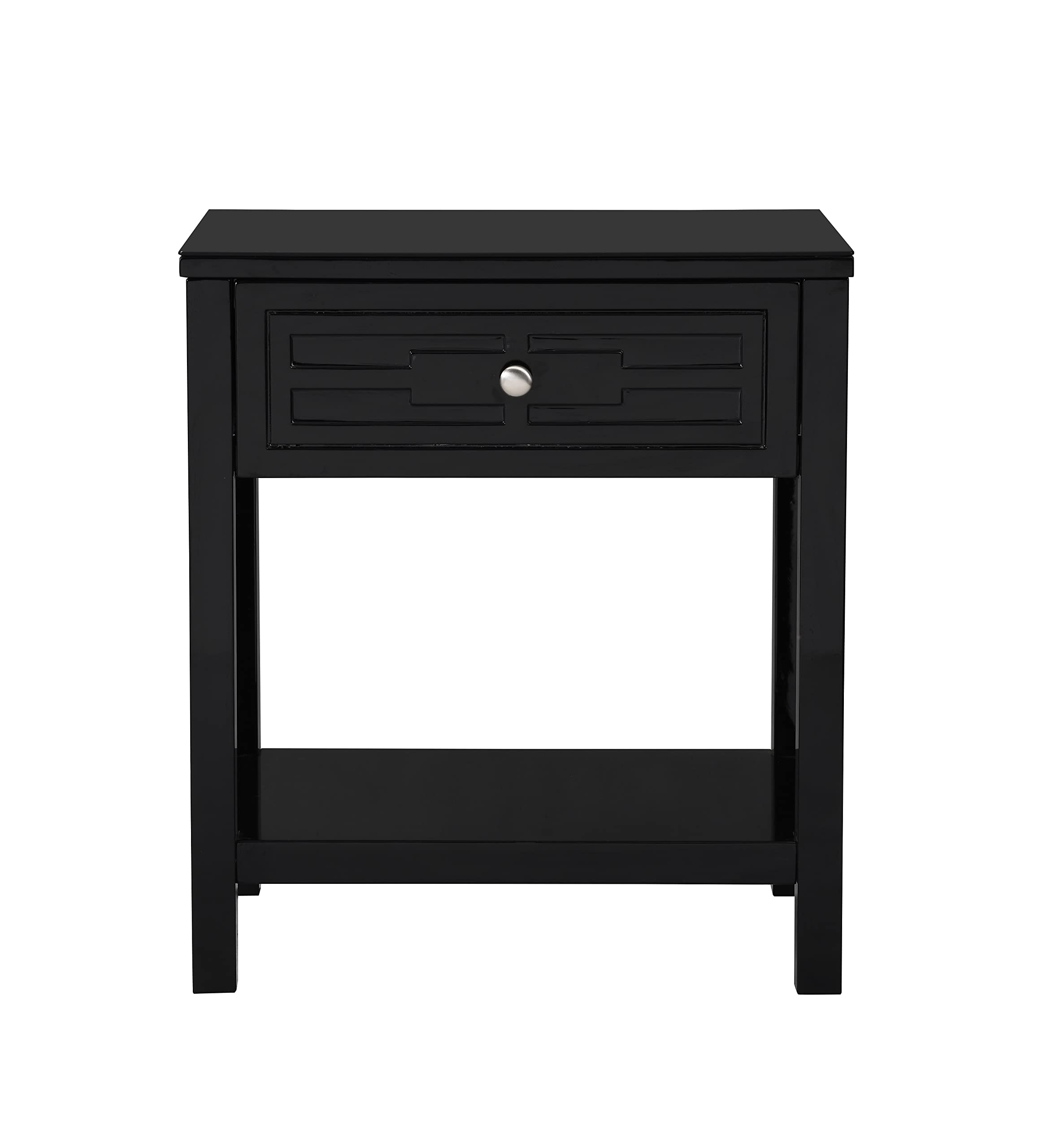 Lilola Home Dylan Black Wooden End Side Table Nightstand with Glass Top and Drawer