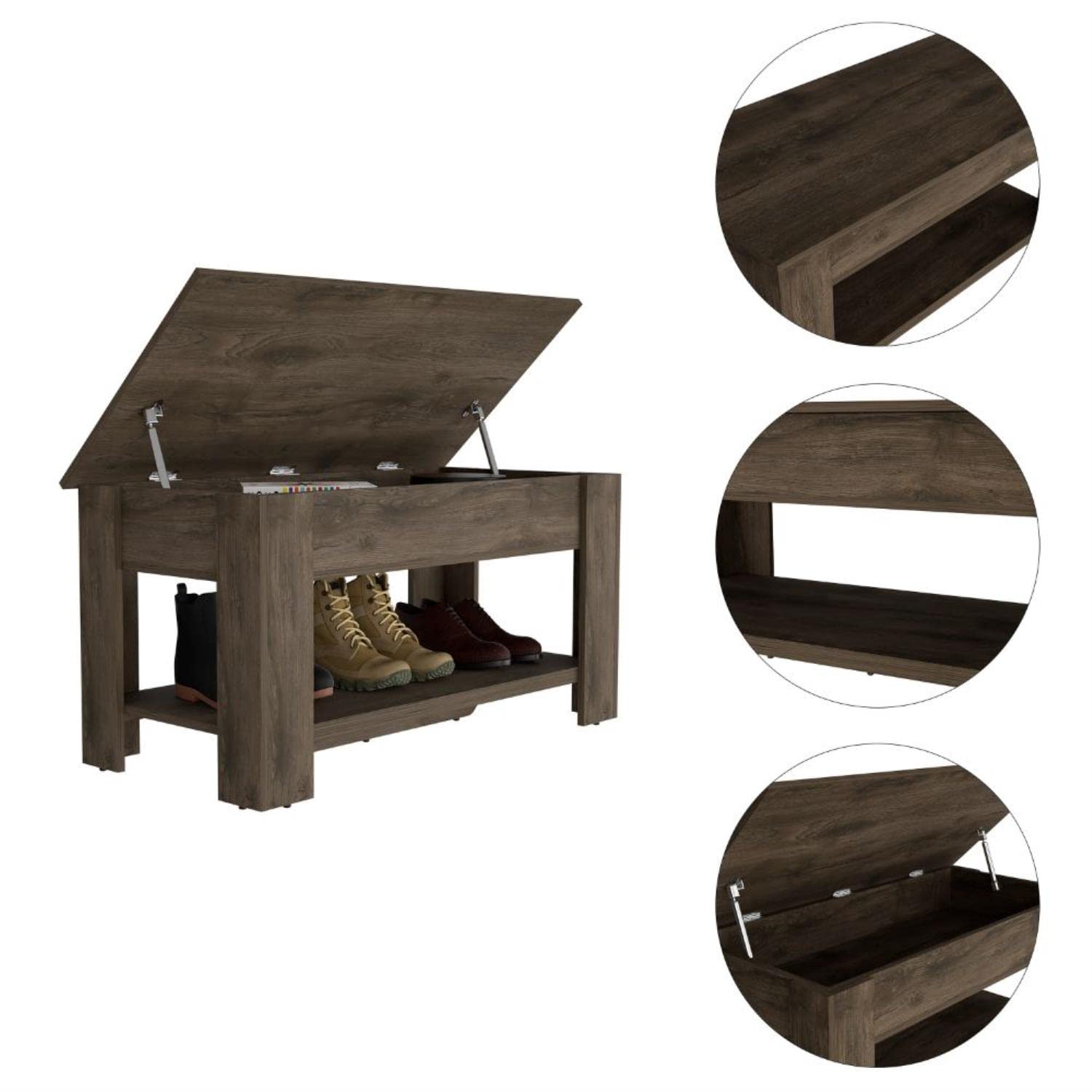 Saturn Storage Bench with Liftable Top, Lower Shelf, and 4 Legs, Dark Brown