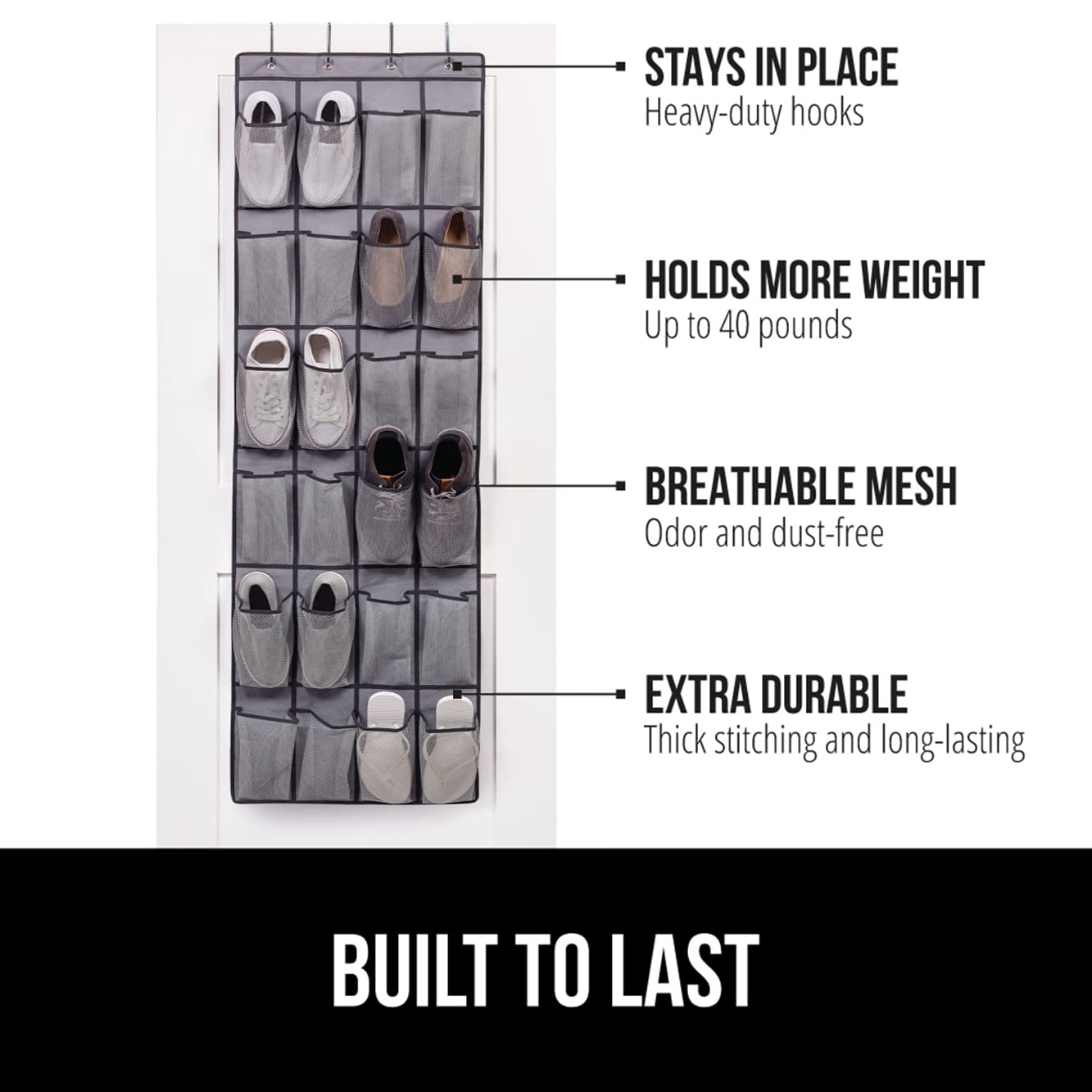 Gorilla Grip Over The Door Shoe Organizer, 2 Pack, 24 Breathable Mesh Pockets, Space Saving Hanging Storage Holder, Closet Rack Hanger Holds Up To 40 Lbs, Hangs On Closets, Shoes, Accessories, Gray