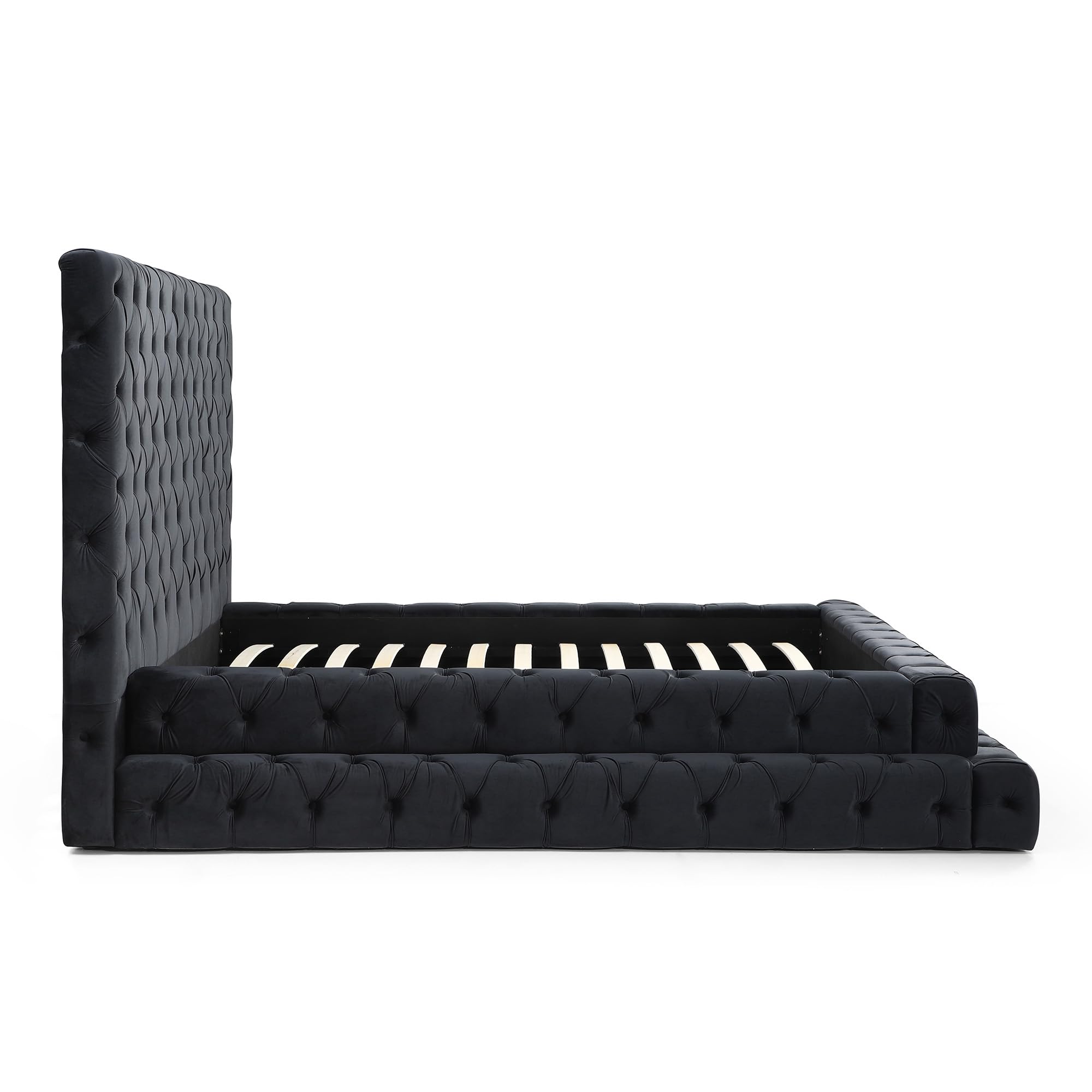 Better Home Products Eleonora Velvet Queen Bed - Luxurious Upholstered Design with Deep Button Tufting in Black (Balck, Queen)