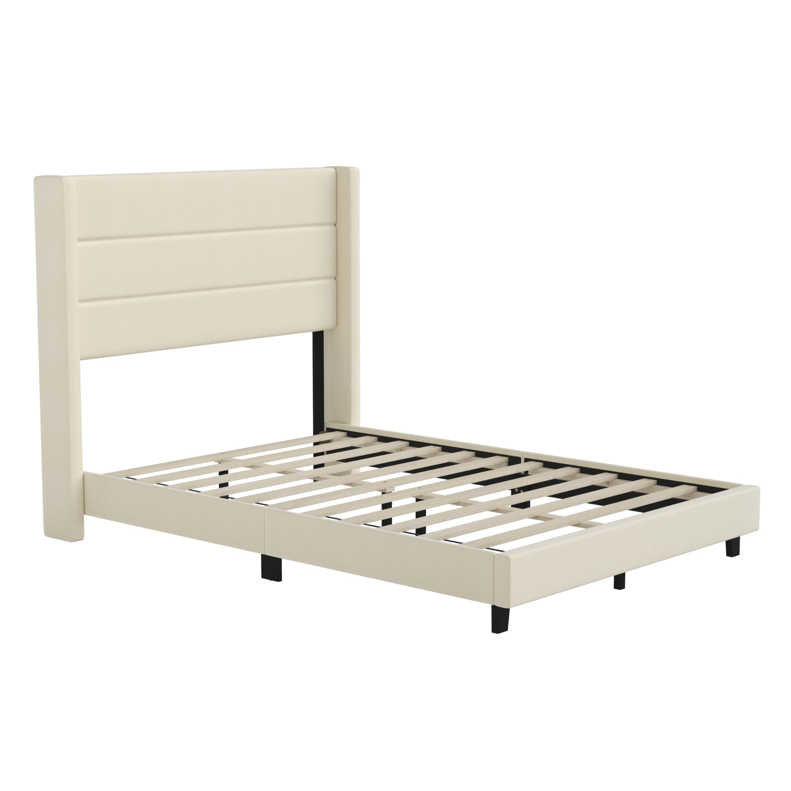 Flash Furniture Hollis Upholstered Platform Bed - Beige Faux Linen Wingback Headboard - Full - Mattress Foundation with Slatted Supports - No Box Spring Needed