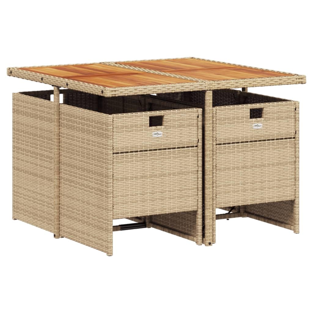 vidaXL 5-Piece Patio Dining Set with Cushions, Beige Poly Rattan, Durable Acacia Wood Tabletop, Foldable Chairs, Comfortable Outdoor Furniture, Garden/Backyard/Patio Use