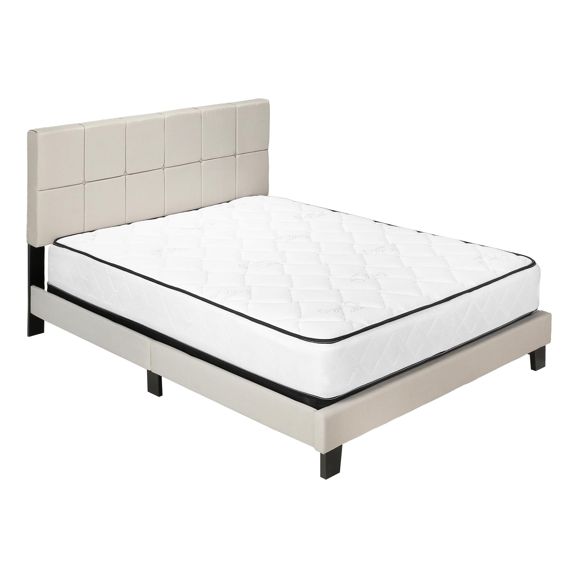 Monarch Specialties I 5605Q Bed, Queen Size, Platform, Bedroom, Frame, Upholstered, Linen Look, Wood Legs, Beige, Black, Transitional