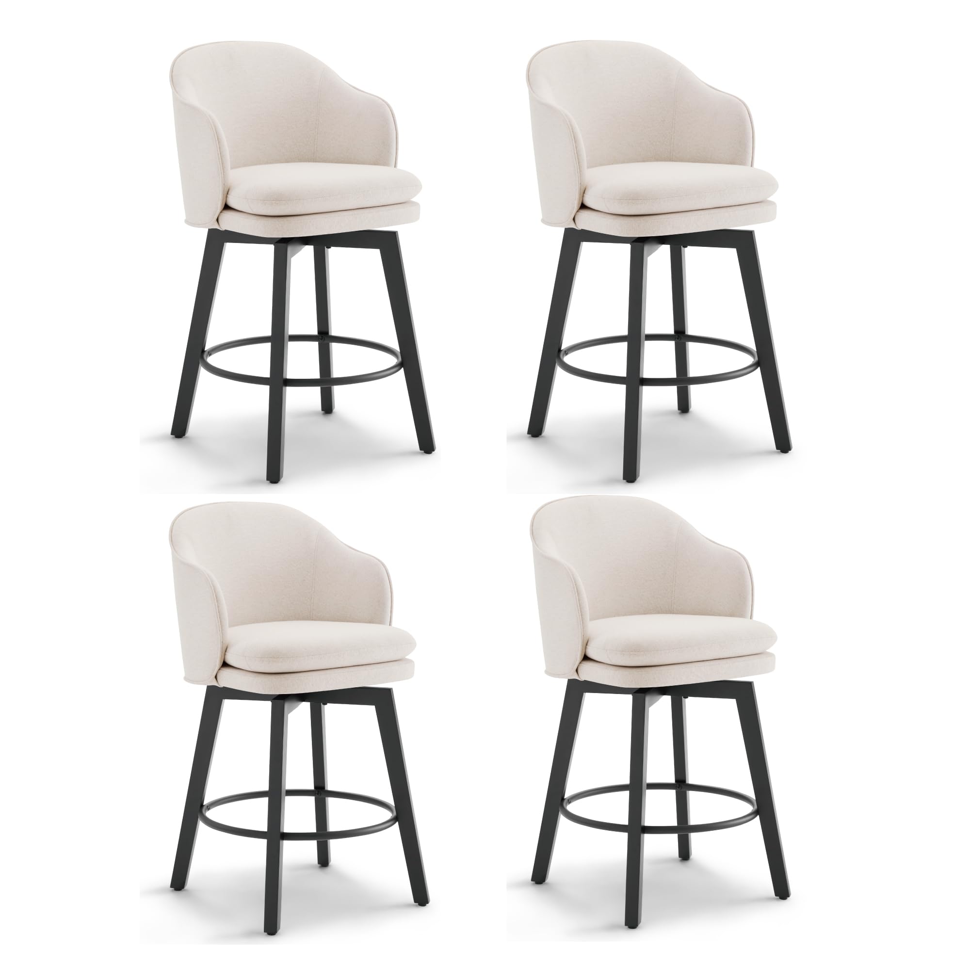 Counter Height Barstools 26 inch Upholstered Swivel Bar Stools with Back and Wood Legs for Kitchen Island,Set of 4,Beige Fabric
