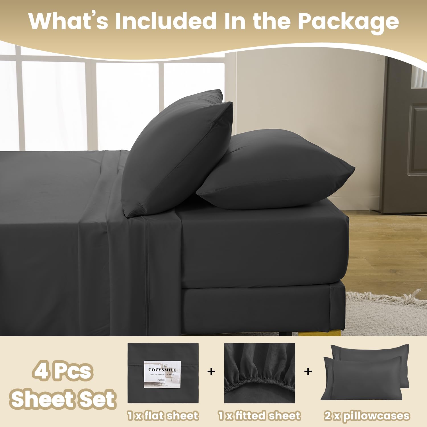 Cozysmile California King Sheet Set - Luxury 4 Piece Breathable Super Soft Bed Sheet & Pillowcase Set, 16'' Deep Pocket Wrinkle
