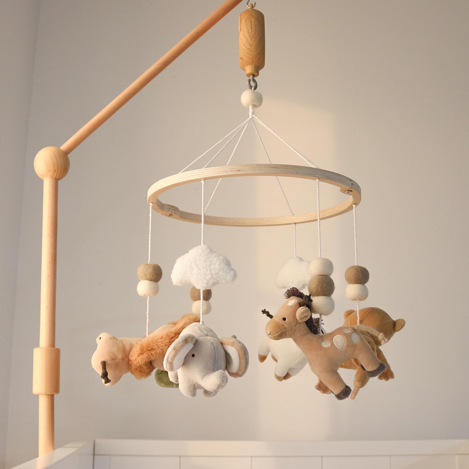 The Peanutshell Safari Crib Mobile for Boys or Girls, Wooden Musical Baby Mobiles with 12 Lullabies, Elephant, Giraffe, Zebra, M