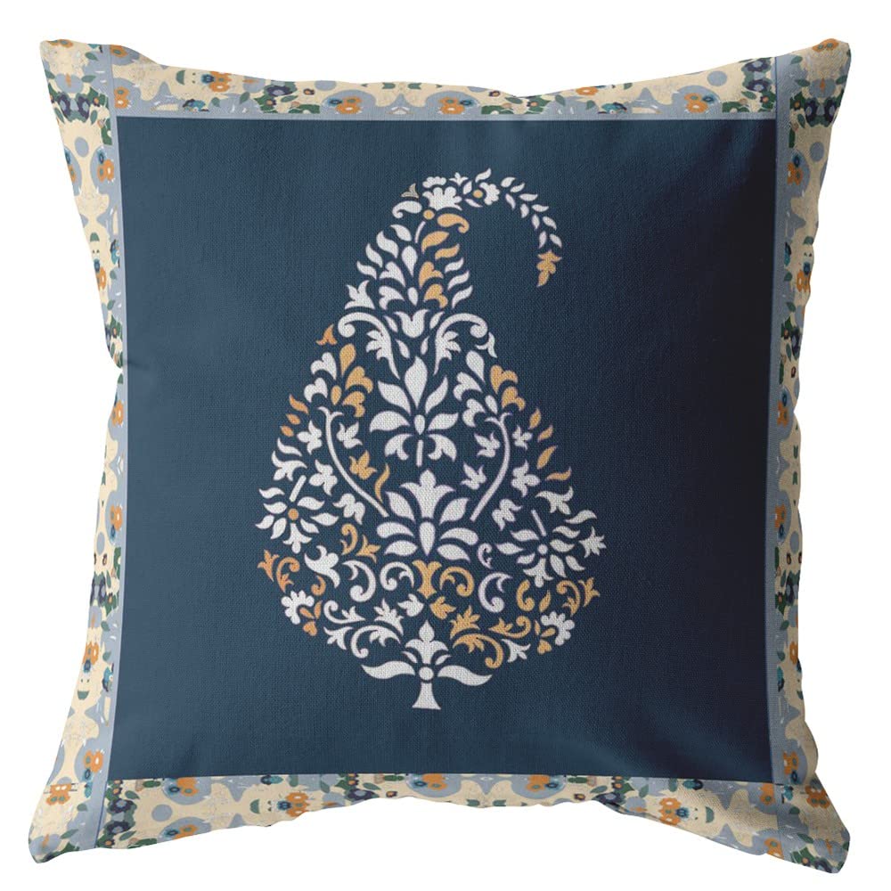 HomeRoots White and Orange On Navy 20â€ Orange Navy Paisley Suede Decorative Throw Pillow