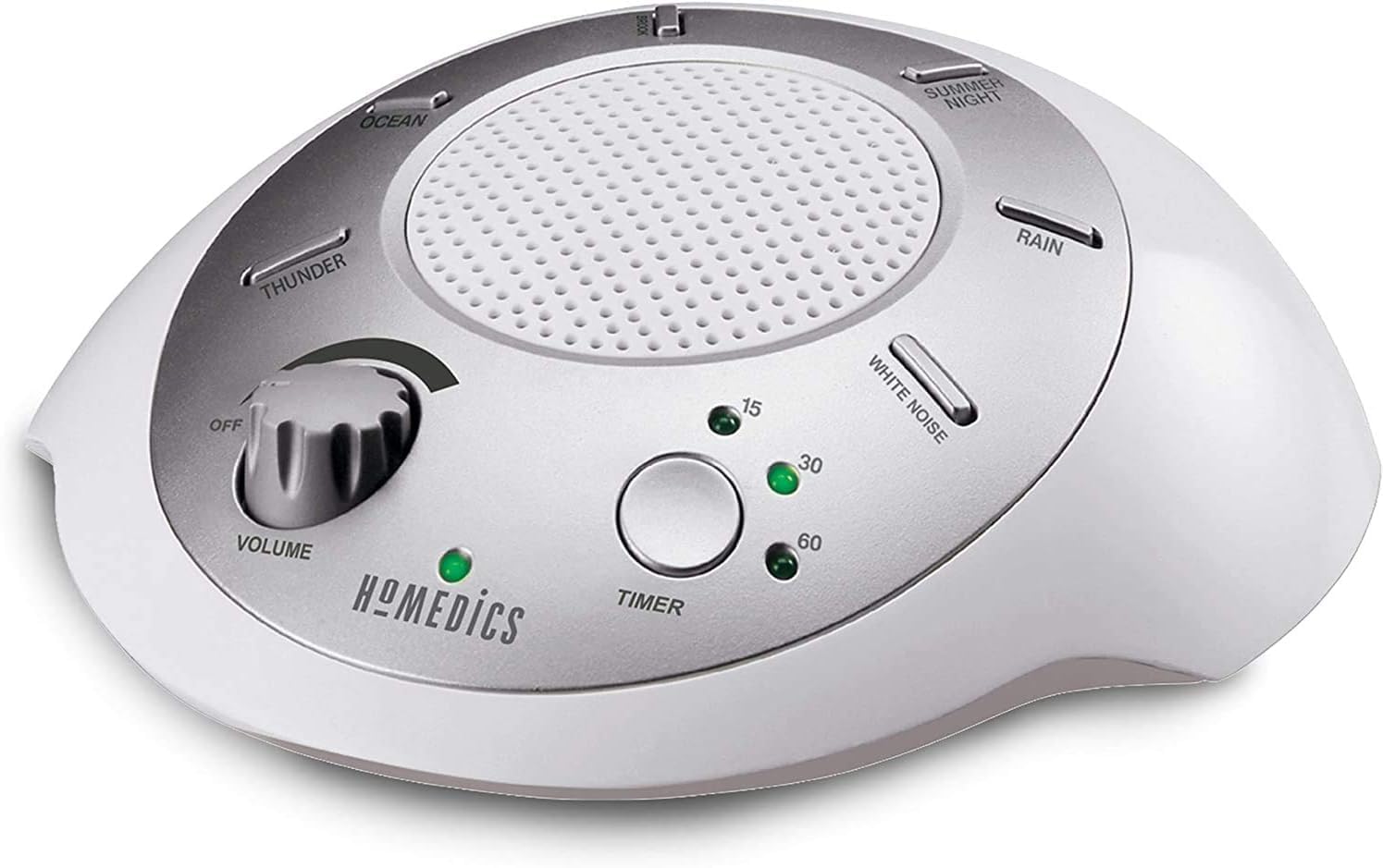Homedics Soundsleep White Noise Sound Machine, Silver, Small Travel Sound Machine With 6 Relaxing Nature Sounds, Portable Sound Therapy For Home, Office, Nursery, Auto-Off Timer, By Homedics