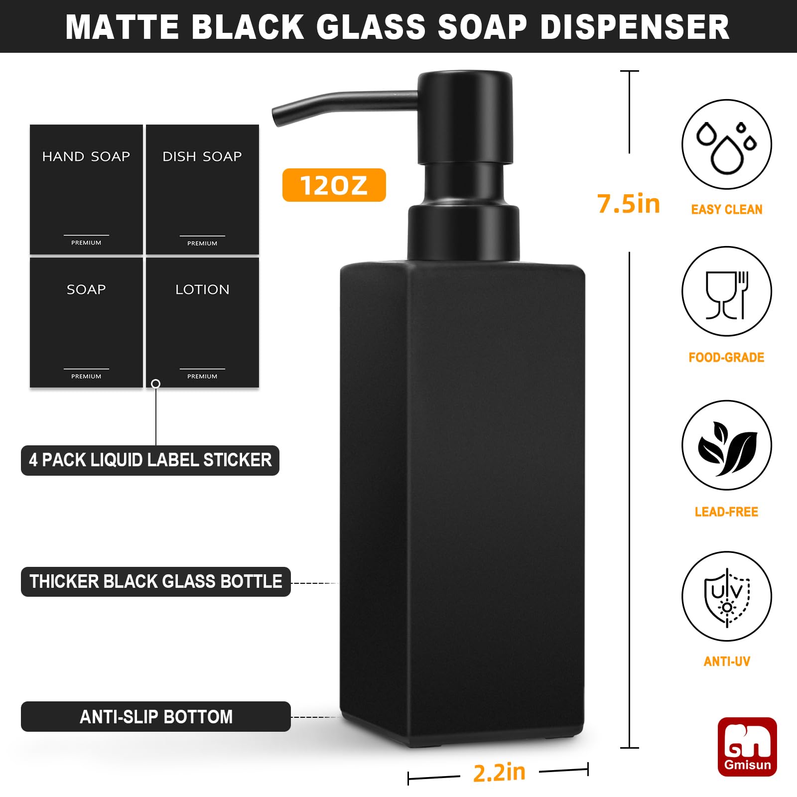 GM GMISUN Black Soap Dispenser Set - 12oz Glass with Stainless Steel Pump, Modern 2 Pack for Kitchen & Bathroom