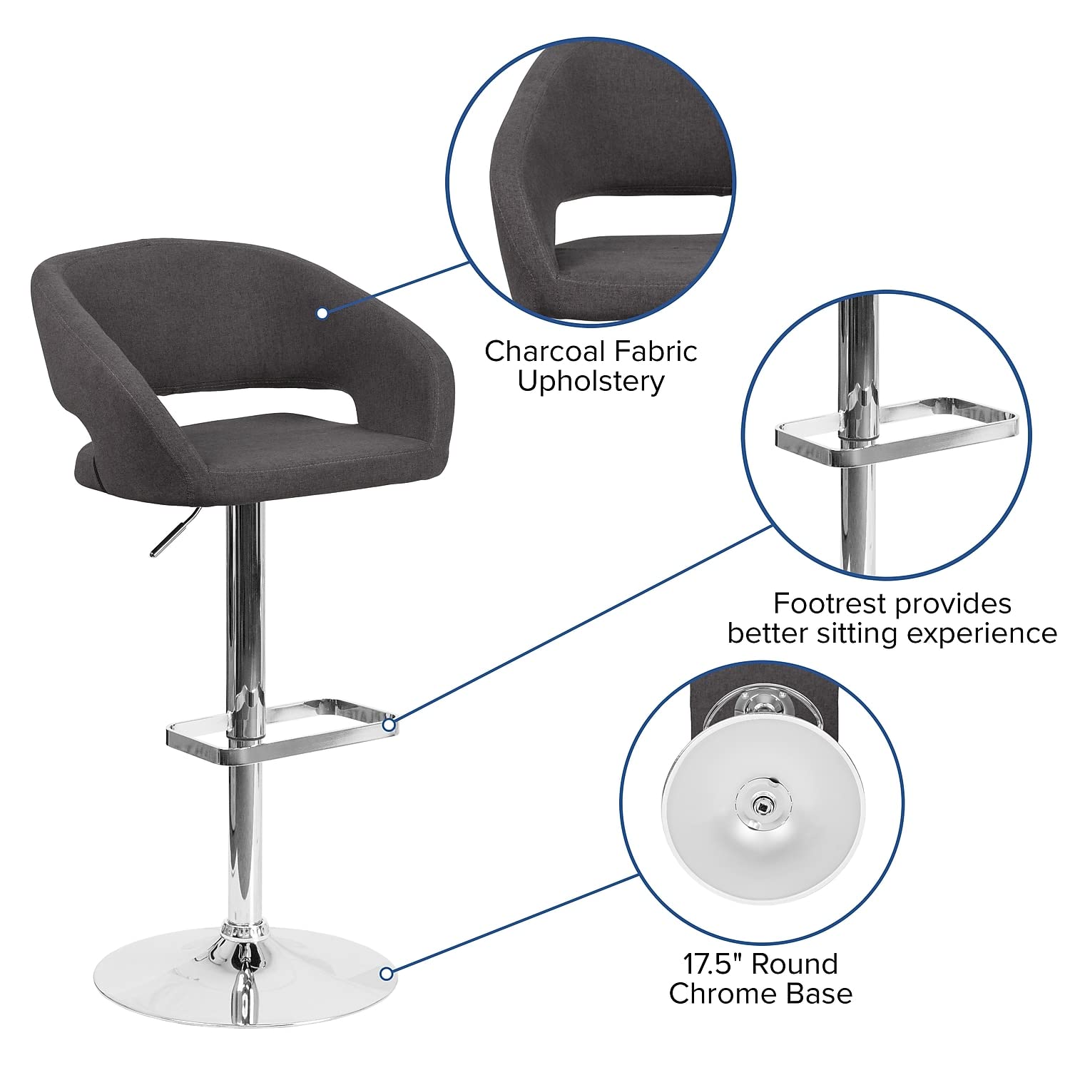 Flash Furniture Erik Comfortable & Stylish Contemporary Barstool with Rounded Mid-Back and Foot Rest, Adjustable Height - Charcoal Fabric with Chrome Base