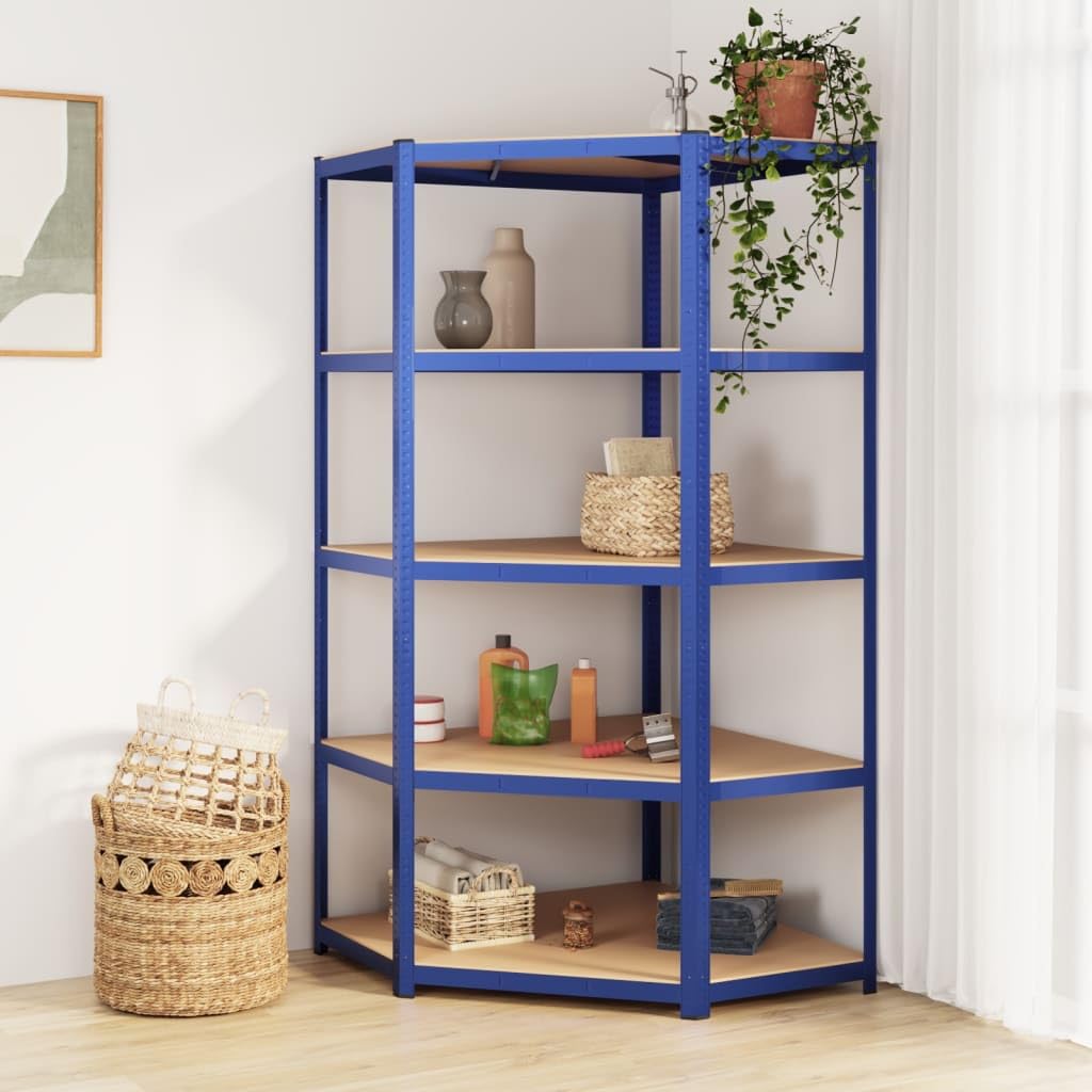 vidaXL 5-Tier Industrial Corner Shelf Blue Galvanized Steel & Engineered Wood 70.9" H