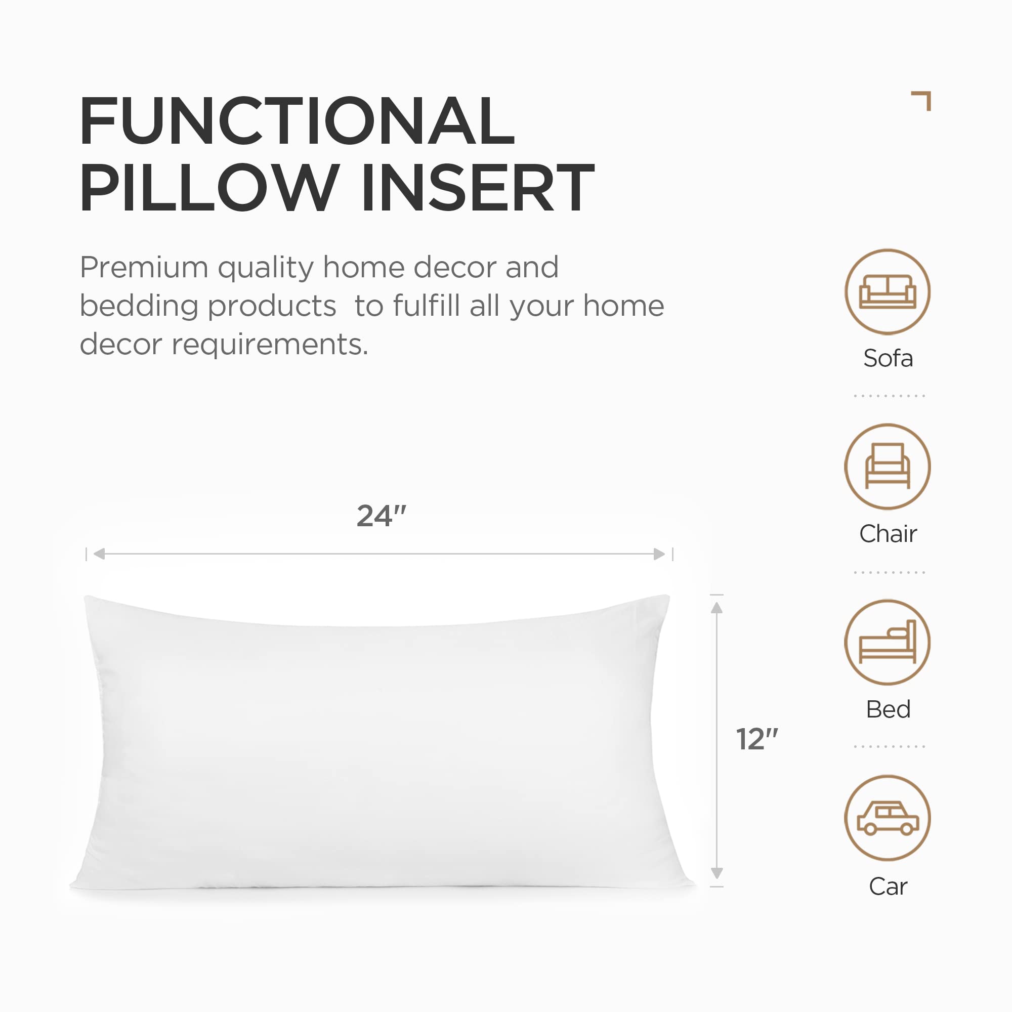 Acanva Throw Pillow Stuffer Inserts Decorative Rectangle Premium Sham Forms Cushion For Sofa Couch Chair, 12X24 Inch (Pack Of 1), White