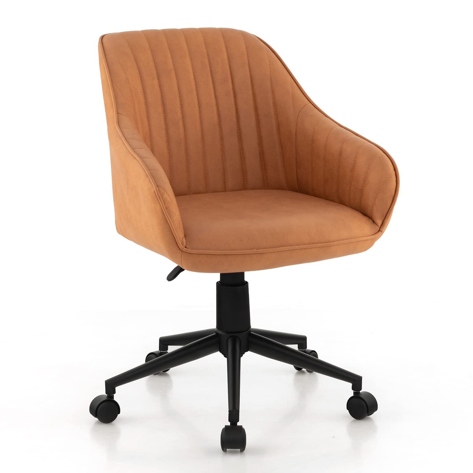 Giantex Leather Office Chair Brown, Mid Century Desk Chair With Wheels And Ergonomic Armrests, Adjustable Swivel Rolling Task Chair, Upholstered Leisure Arm Chair For Home Office Study Bedroom (1)