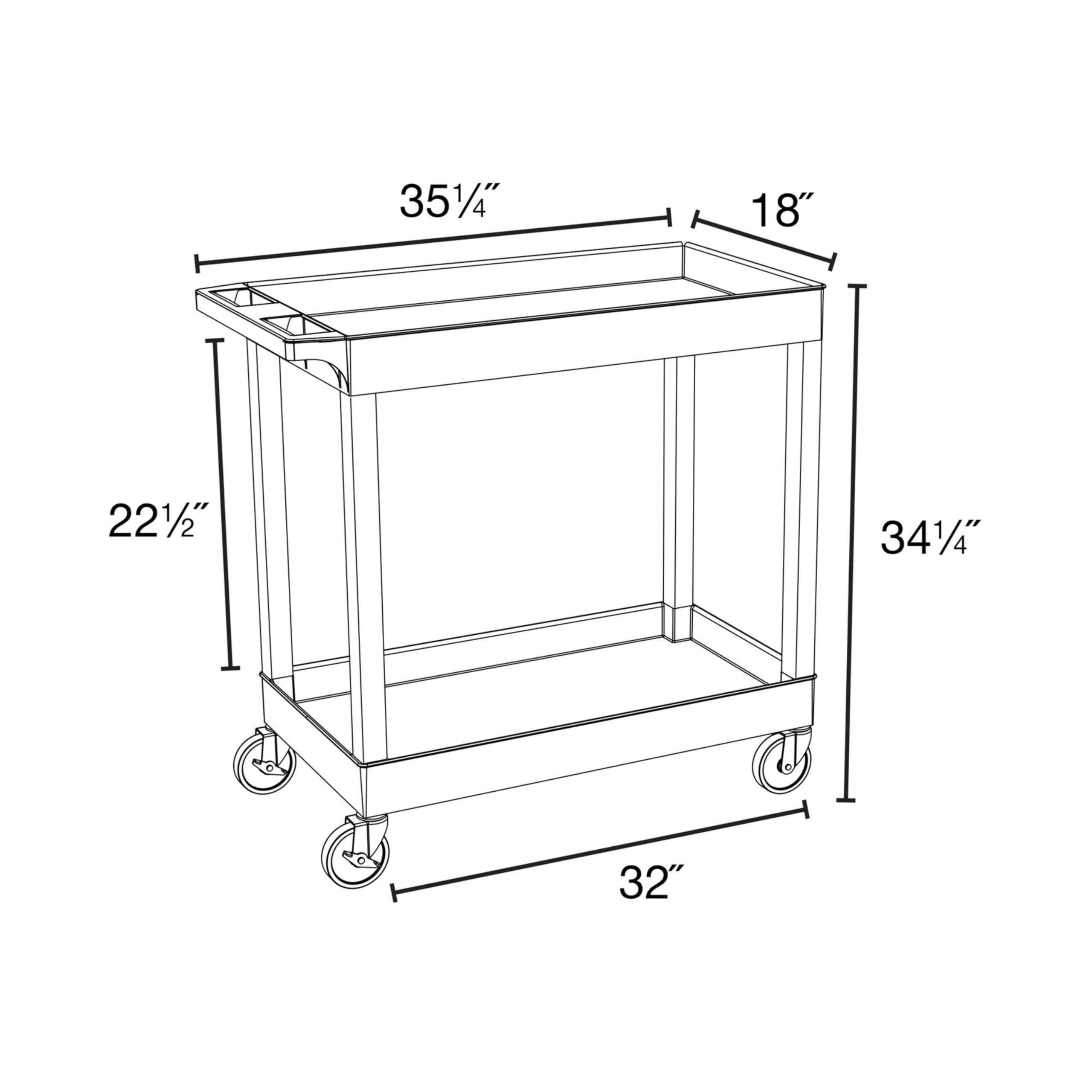 LUXOR EC11HD-B 32" x 18" Tub Cart - Two Shelves, Four 5" Heavy-Duty Casters, Two Stationary and Two Full-Swivel with Locking Brake, 125 lbs. Capacity Per Shelf, Ergonomic Push Handle