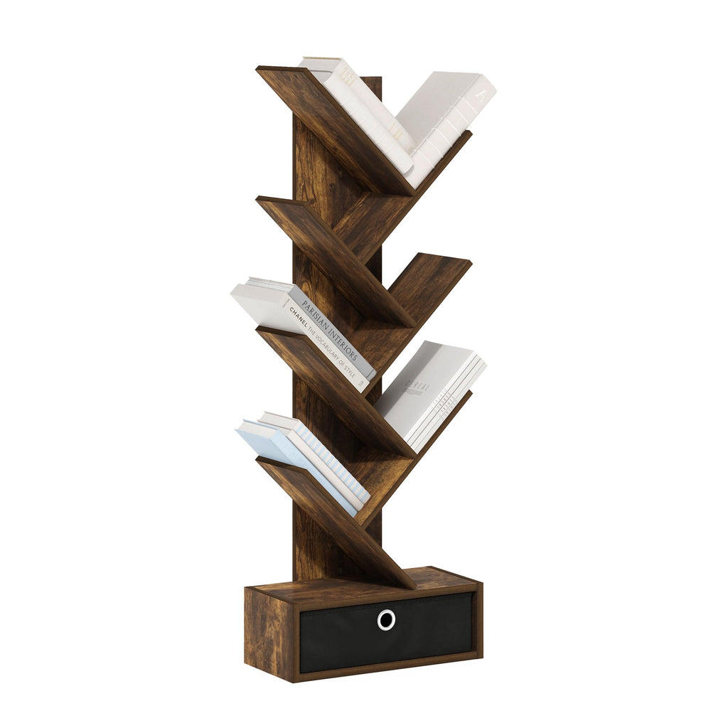 Furinno Tree Bookshelf 7-Tier Floor Standing Tree Bookcase with Bin Drawer, Amber Pine/Black