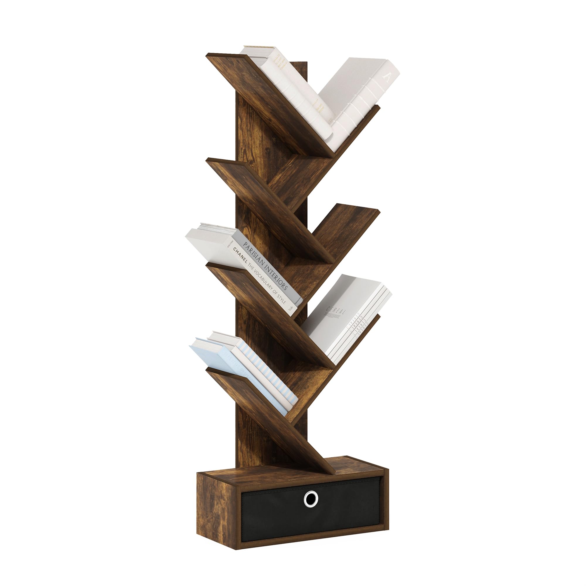 Furinno Tree Bookshelf 7-Tier Floor Standing Tree Bookcase with Bin Drawer, Amber Pine/Black