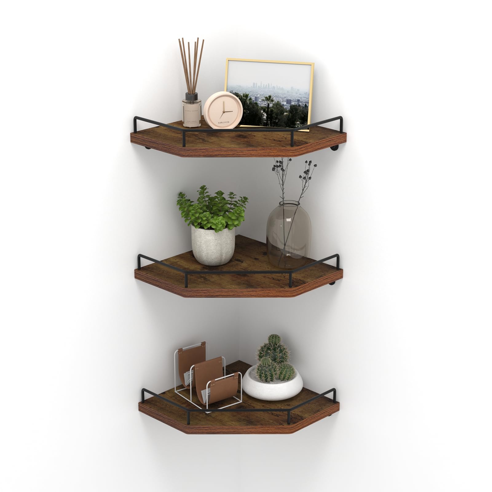 Horlimer Floating Corner Shelf Wall Mount, 3 Pack Rustic Wood Corner Wall Shelves With Fence For Bedroom, Bathroom, Kitchen, Living Room, Brown
