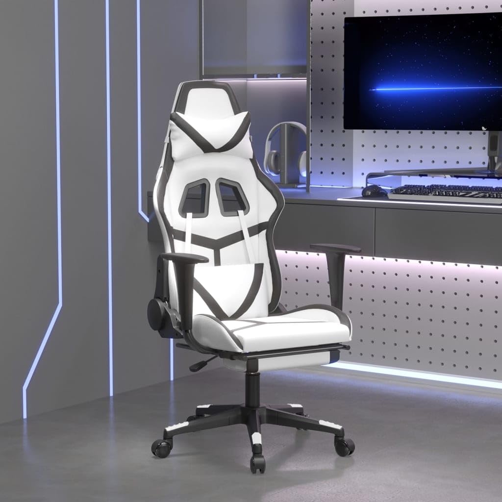 vidaXL Faux Leather Adjustable Massage Gaming Chair with Footrest - Comfortable, Versatile Gaming and Office Seating Solution That Transforms to Lying Bed, Modern White & Black Design