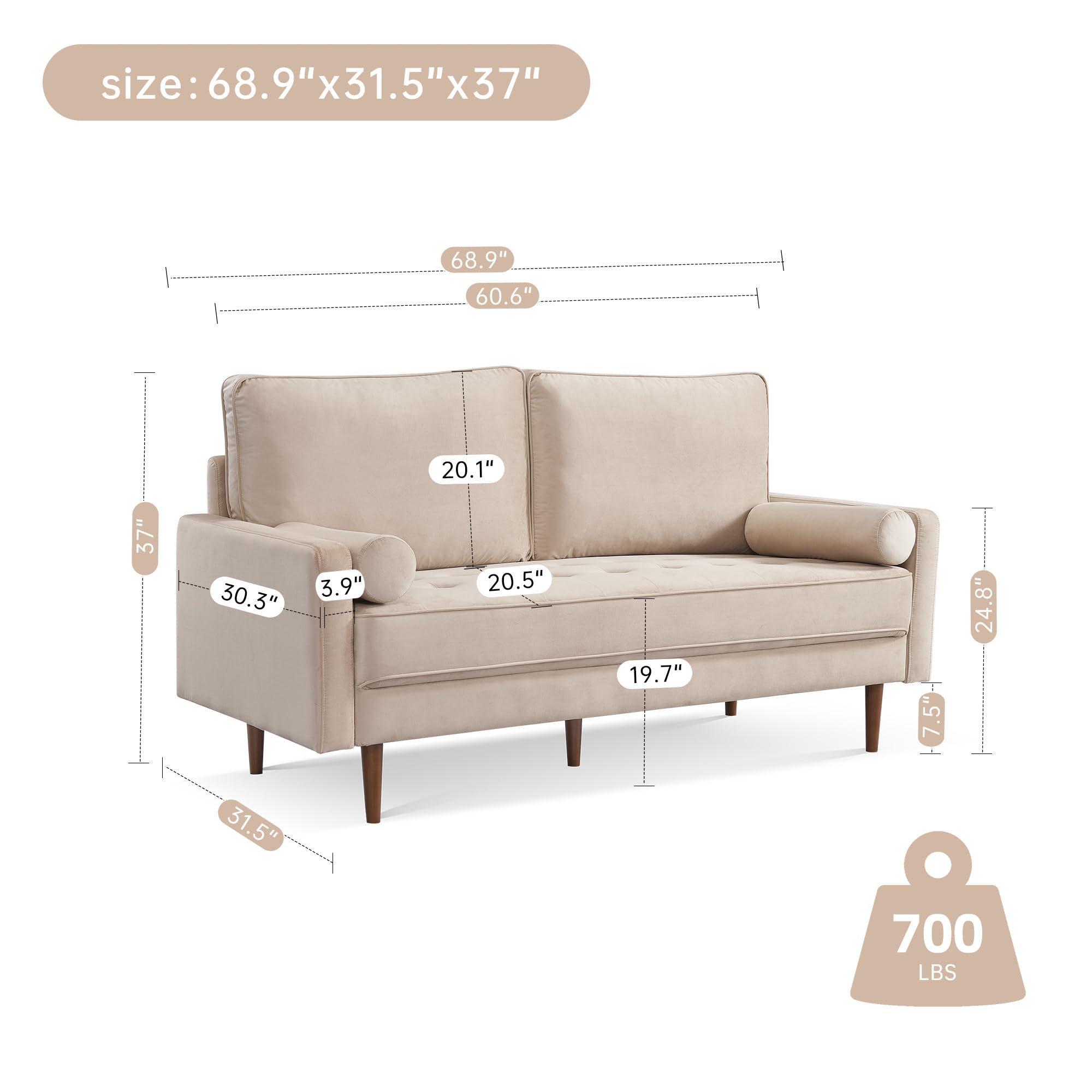 American Furniture Classics Beige 69 Inch Wide Upholstered Two Cushion Sofa with Bolster Pillows Velvet, 69" x 32" x 37"