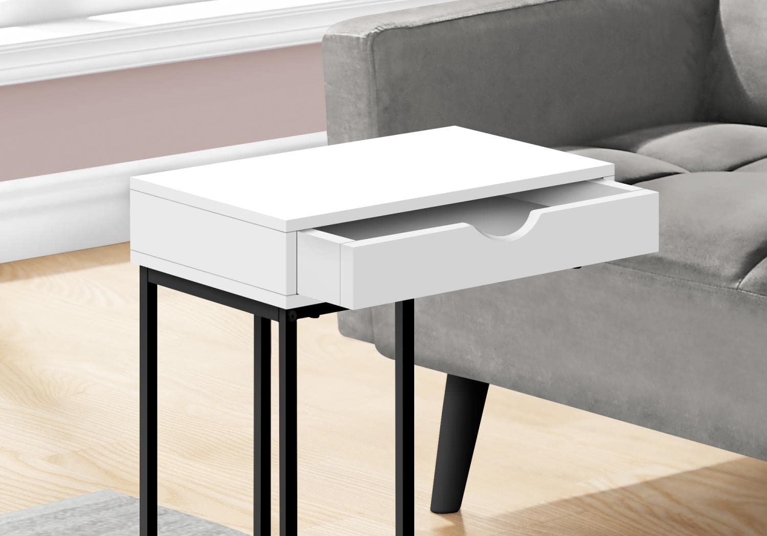Monarch Specialties I 3770 Accent Table, C-Shaped, End, Side, Snack, Storage Drawer, Living Room, Bedroom, Metal, Laminate, White, Black, Contemporary, Modern
