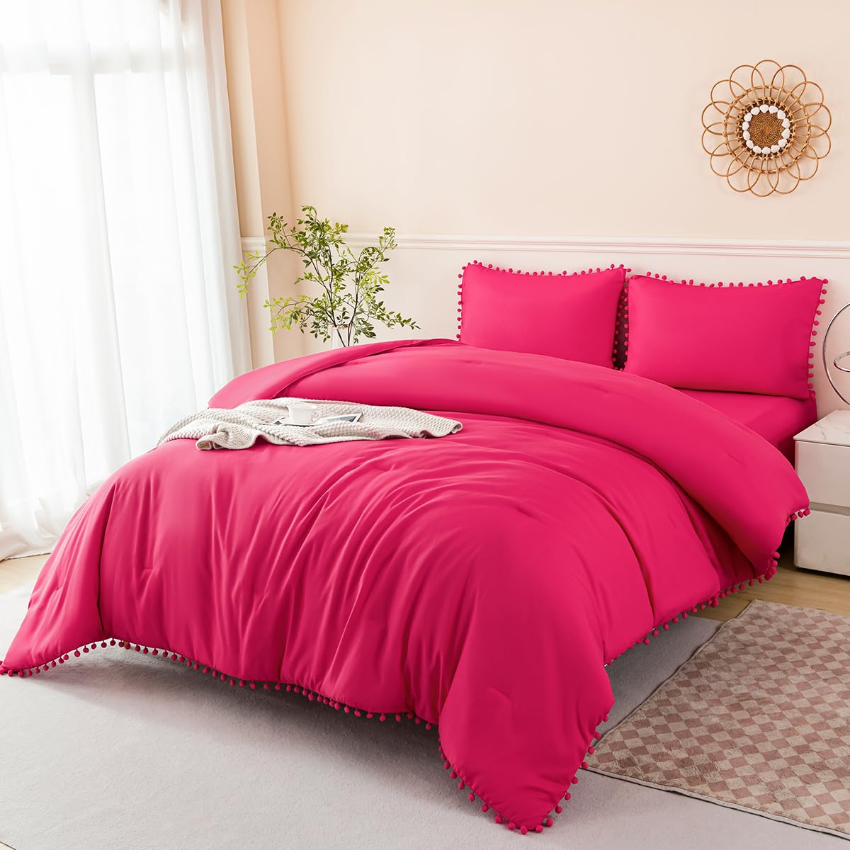 Perfemet 5 Piece Hot Pink Bed In A Bag Queen Size Set Boho Pom Pom Comforter With Sheet Set Soft Fluffy Solid Bedding Set For Gi