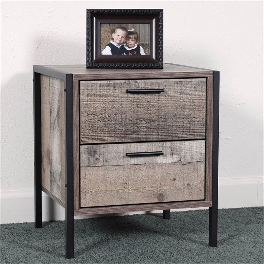 Os Home And Office Furniture Model Two Drawer Metal Frame And Legs Night Stand, Rustic Reclaimed Barnwood Laminate