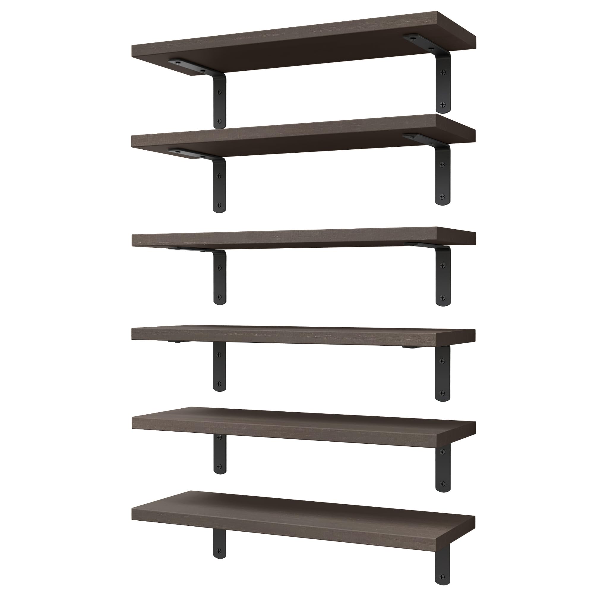 Wopitues Floating Shelves Set Of 6, Wood Rustic Farmhouse Shelves For Wall Decor, Bathroom Shelves, Book Shelves For Living Room-Dark Brown