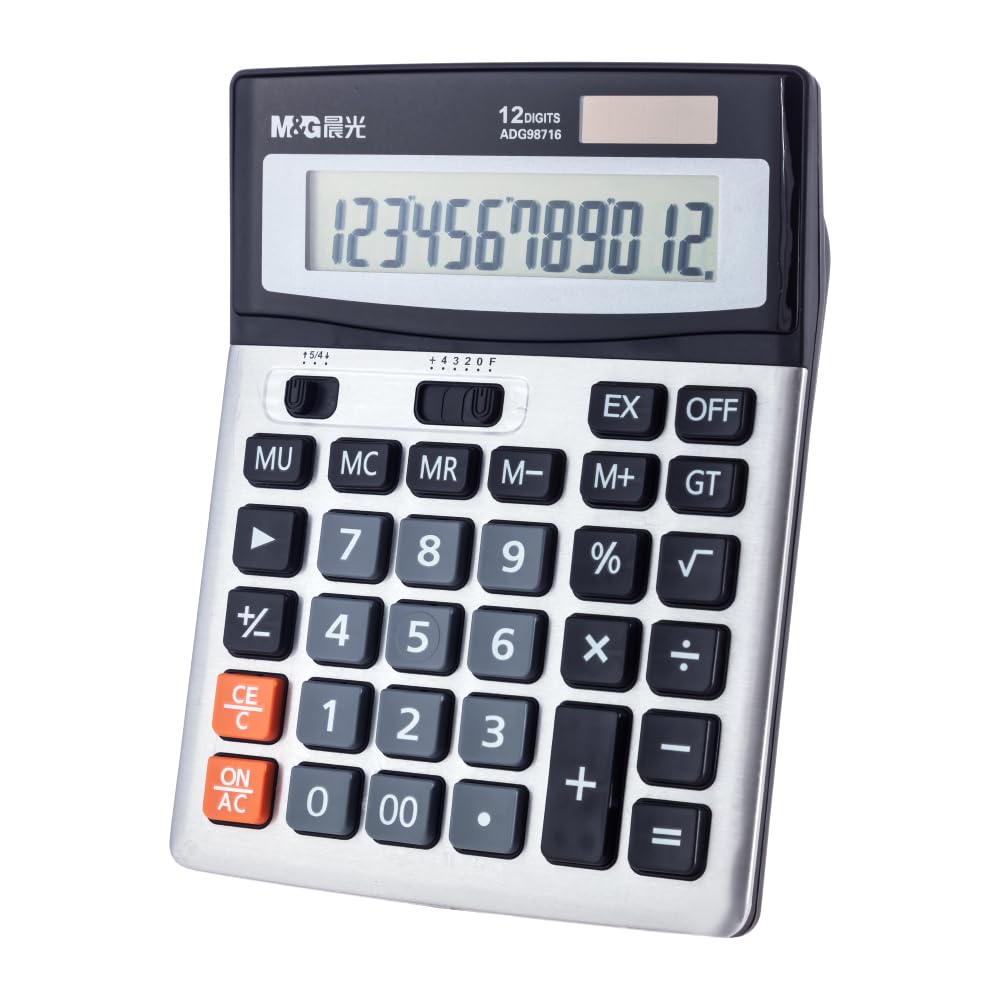 M&G Desk Calculator 12 Digit Extra Large Lcd Display Calculator, Dual Solar Power And Battery, Battery Included, Metal Panel Com