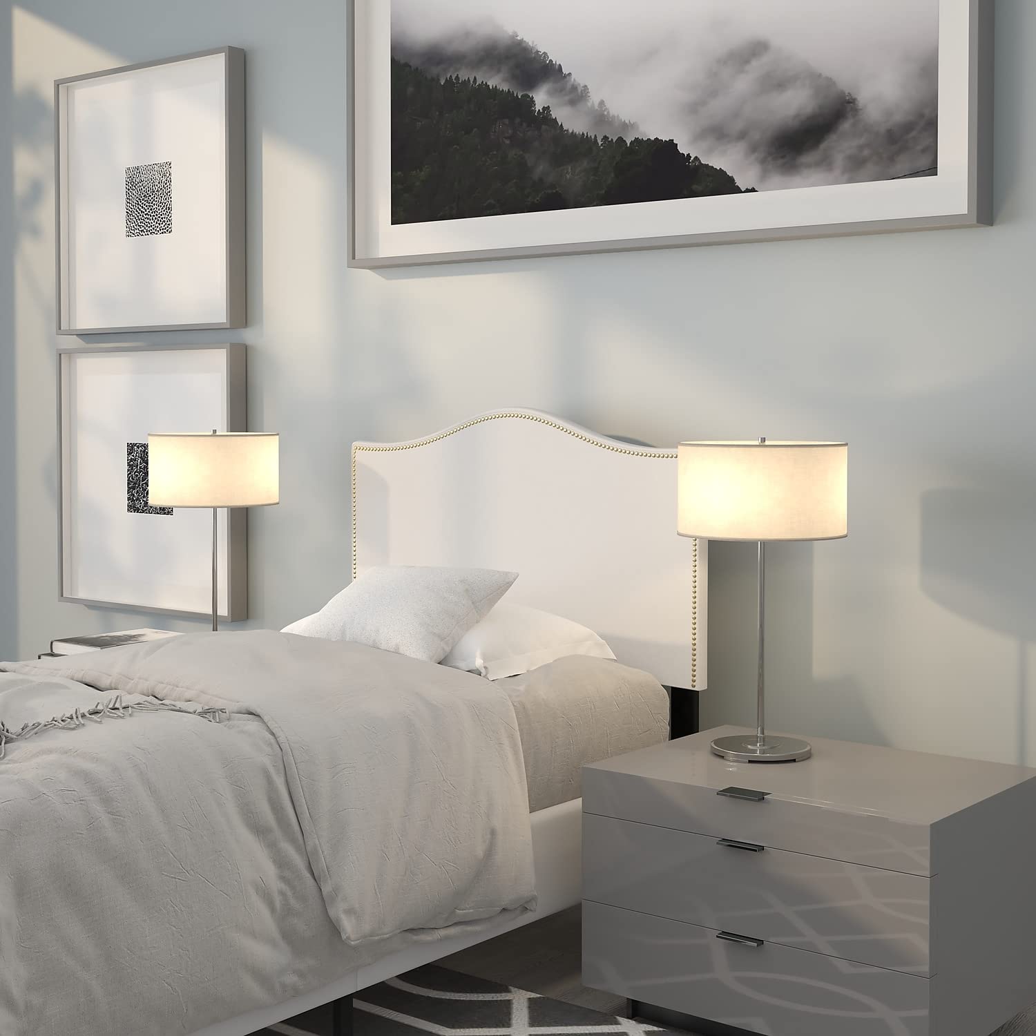 Flash Furniture Lexington Upholstered Twin Size Headboard With Accent Nail Trim In White Fabric