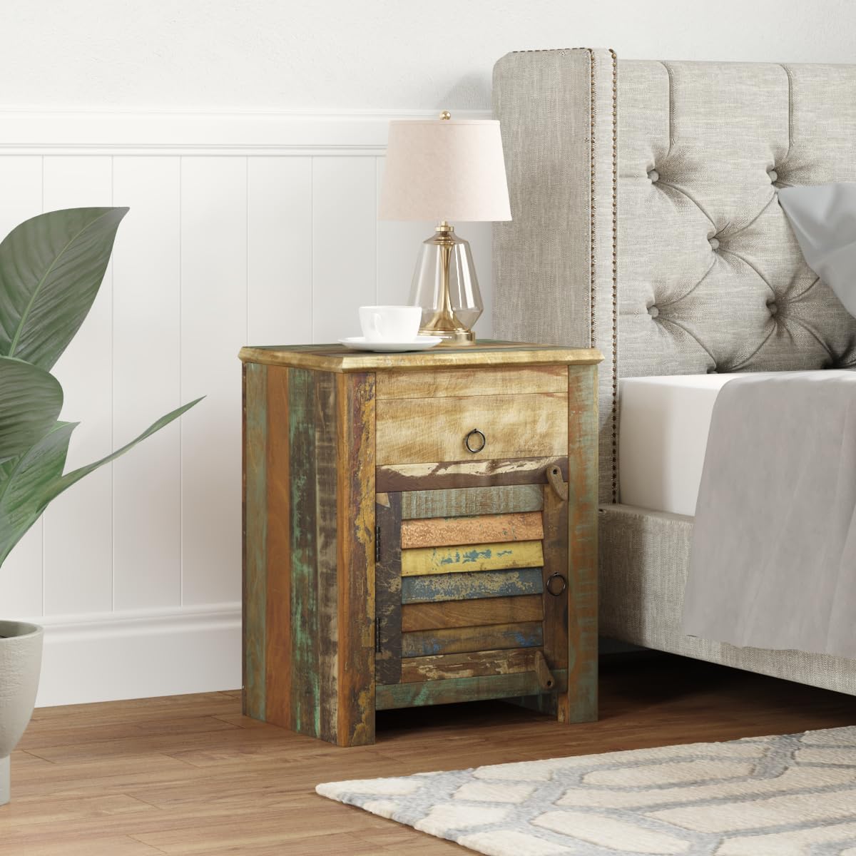 vidaXL End Table with 1 Drawer and 1 Door, Handmade Antique-Style Cabinet with Iron Ring Pulls, Solid Reclaimed Wood, 17.7''x13''x21.7'', Multicolor